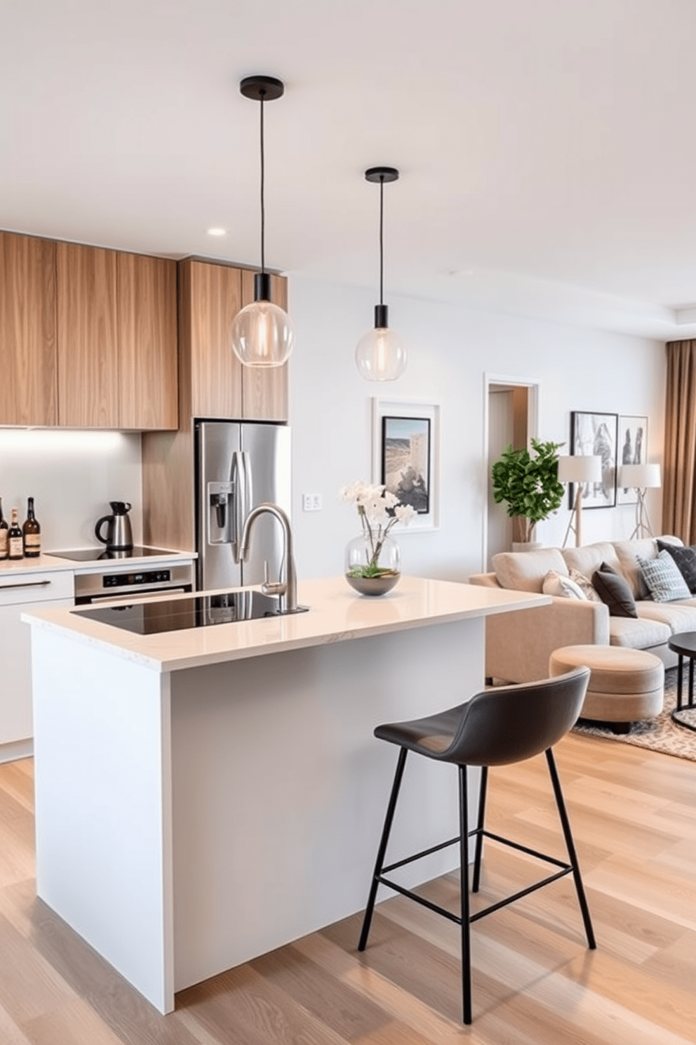 A compact kitchen island design featuring a sleek quartz countertop and minimalist cabinetry. The island is adorned with two stylish bar stools and pendant lighting overhead, creating a cozy dining space. In a one-bedroom apartment, the living area seamlessly integrates with the kitchen, showcasing an open-concept layout. The decor includes a blend of modern furniture and warm accents, with a plush sofa and a small dining table for intimate meals.