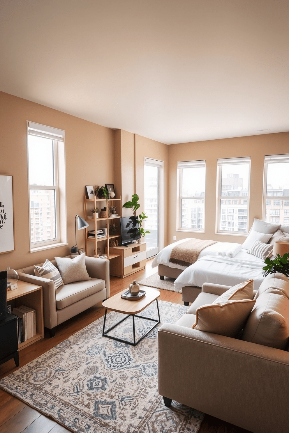 A cozy one-bedroom apartment featuring a small workspace integrated into the living area. The desk is made of light wood and positioned near a window, allowing natural light to illuminate the space. The living area includes a comfortable sofa in a neutral tone, paired with a stylish coffee table. Soft throw pillows add a pop of color, while a small bookshelf against the wall showcases personal decor and plants. The bedroom features a queen-sized bed with a plush headboard and crisp white linens. A bedside table with a modern lamp complements the space, and a soft area rug anchors the room. The walls are painted in a warm beige, creating a welcoming atmosphere throughout the apartment. Large windows allow for ample light, enhancing the open and airy feel of the design.