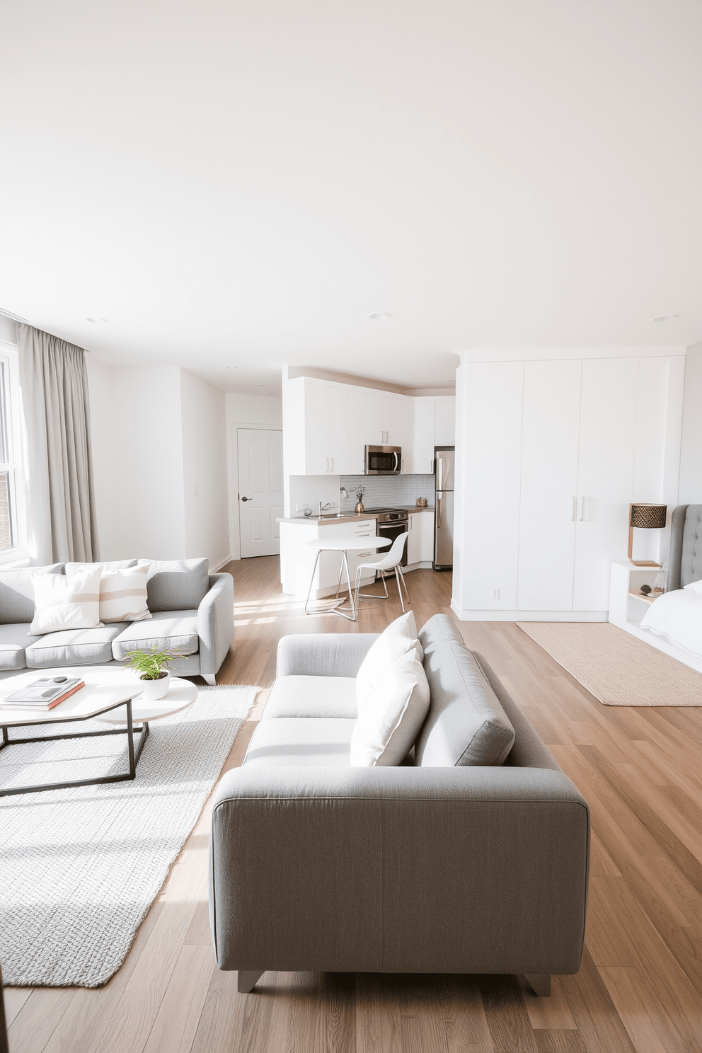 A modern one bedroom apartment featuring an open floor plan with a cohesive color scheme of soft grays and warm whites. The living area includes a comfortable gray sofa adorned with white throw pillows, while a sleek coffee table sits on a textured area rug. The kitchen showcases white cabinetry paired with gray countertops and stainless steel appliances. A small dining table with white chairs is positioned near a large window that allows natural light to flood the space. The bedroom features a plush gray bed with white linens and a stylish headboard. A minimalist nightstand with a decorative lamp complements the overall design, while soft curtains frame the window for a cozy atmosphere.