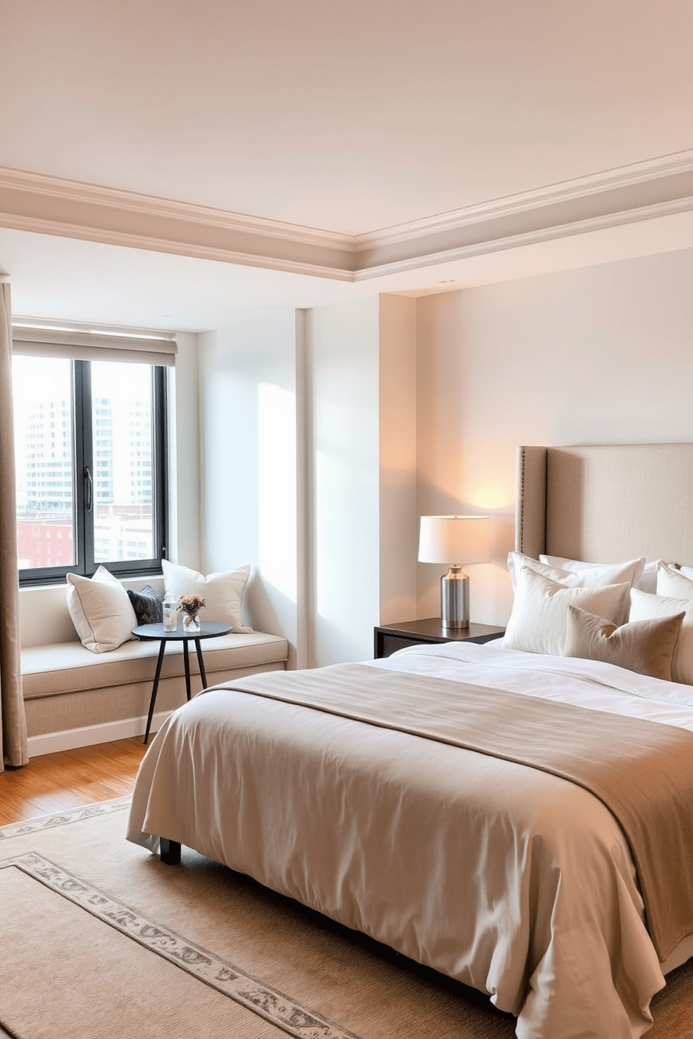 A cozy bedroom in a one-bedroom apartment featuring a corner nook transformed into a comfortable seating area. The nook is adorned with plush cushions and a small side table, creating an inviting space for reading or relaxation. The main area of the bedroom showcases a stylish bed with a soft upholstered headboard and elegant bedding. A sleek nightstand with a modern lamp complements the decor, while a large window allows natural light to fill the room.