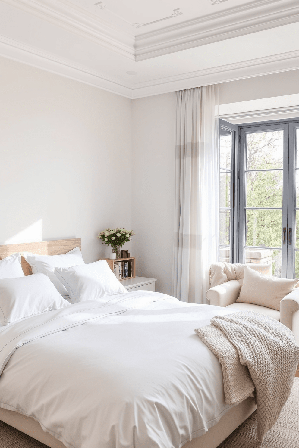 A serene bedroom setting featuring soft white walls and light grey accents. The bed is dressed in crisp white linens with fluffy pillows, and a light wood headboard adds warmth to the space. A cozy reading nook is positioned by a large window, adorned with sheer curtains that allow natural light to flood in. A small bookshelf filled with curated books sits beside a plush armchair in a soft pastel hue.