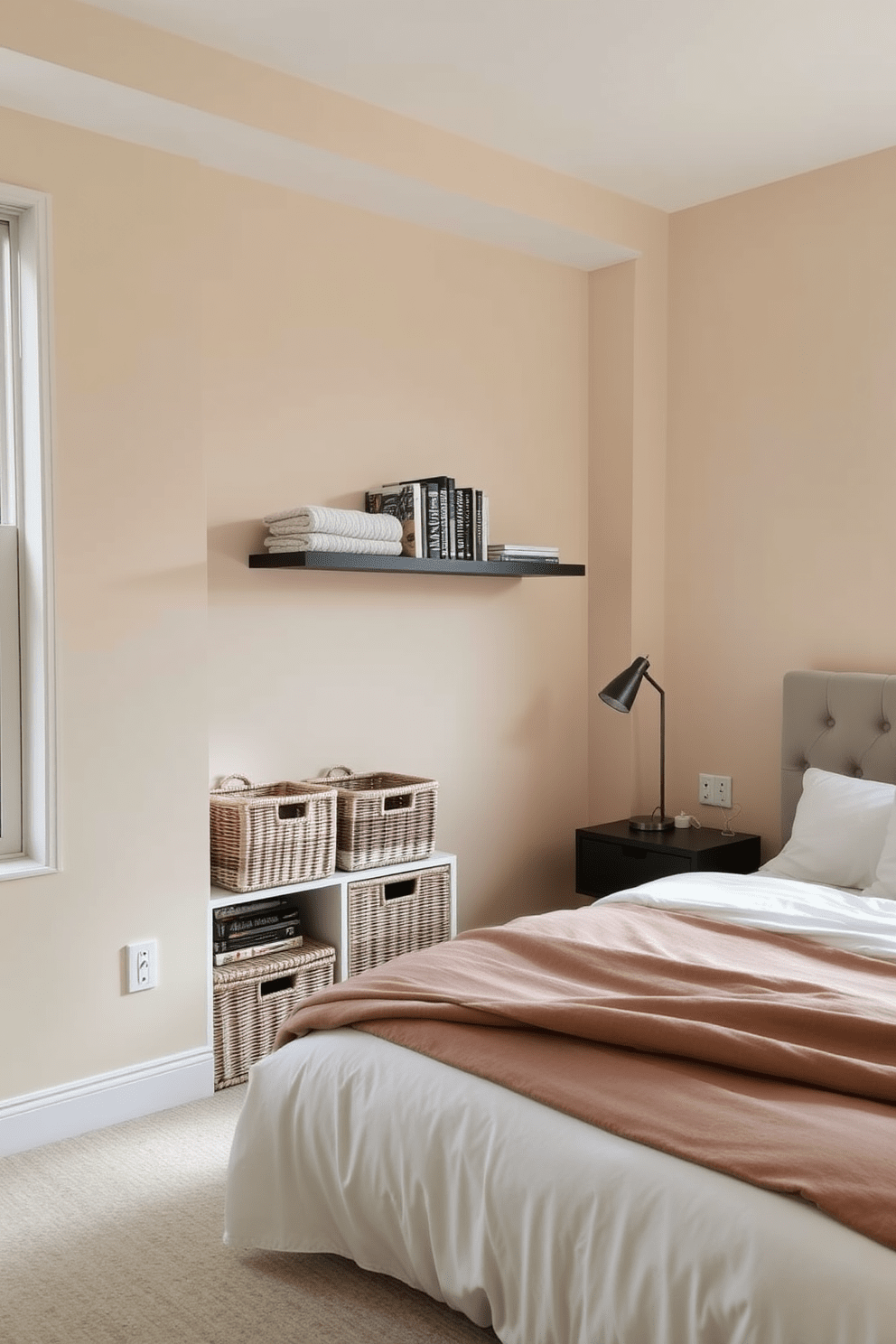 A cozy bedroom in a one-bedroom apartment featuring stylish storage solutions with woven baskets. The walls are painted in a soft beige hue, and a plush bed with a tufted headboard is centered against the wall. In one corner, a set of decorative baskets is neatly arranged under a floating shelf, holding extra blankets and books. A bedside table with a sleek lamp complements the warm ambiance, while a large window allows natural light to fill the space.