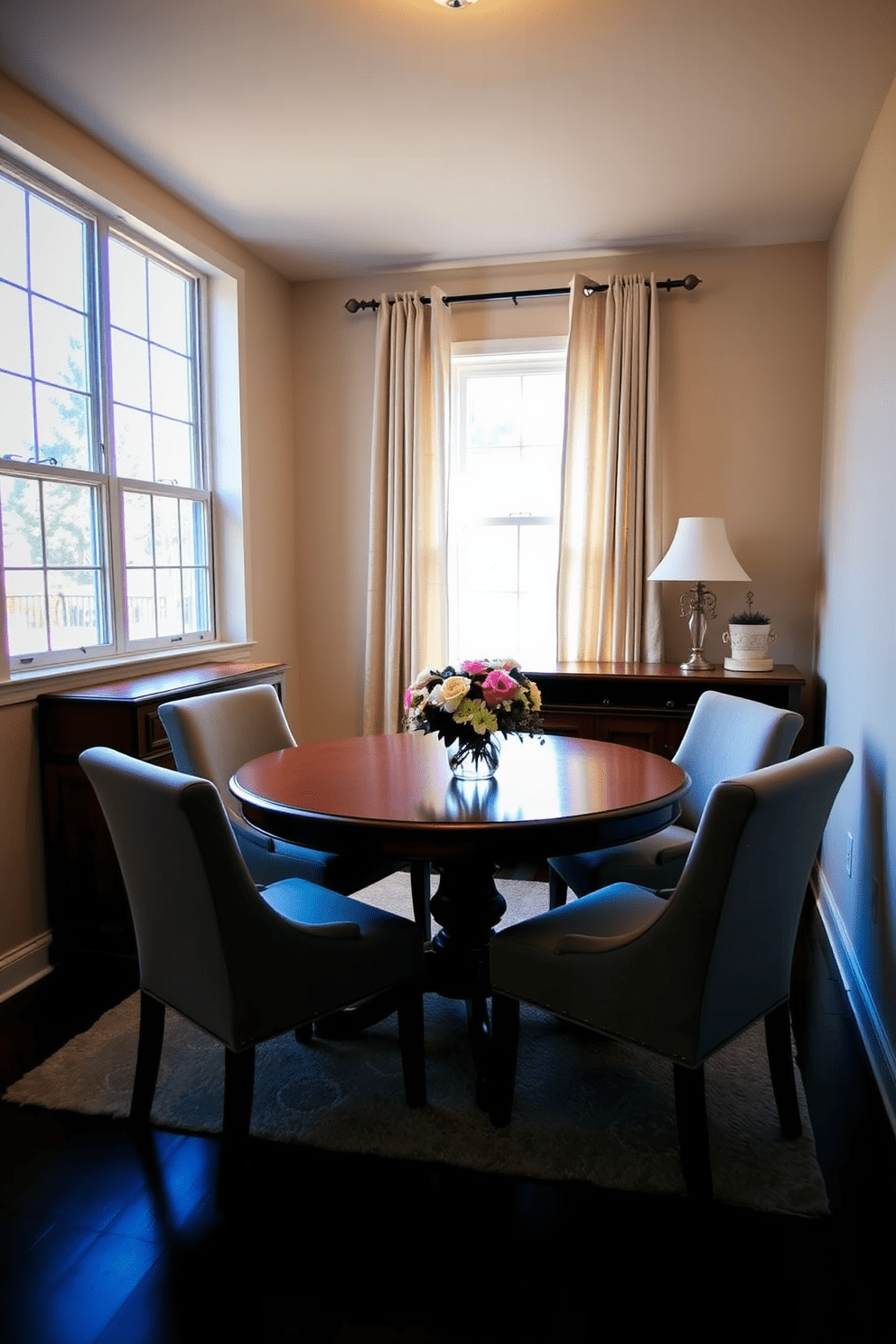 A cozy dining area featuring a round wooden table surrounded by four upholstered chairs. The walls are painted in a soft beige, and a large window allows natural light to fill the space, complemented by light sheer curtains. Incorporate a small sideboard against one wall for additional storage and display space. Add a centerpiece of fresh flowers on the table to enhance the inviting atmosphere.