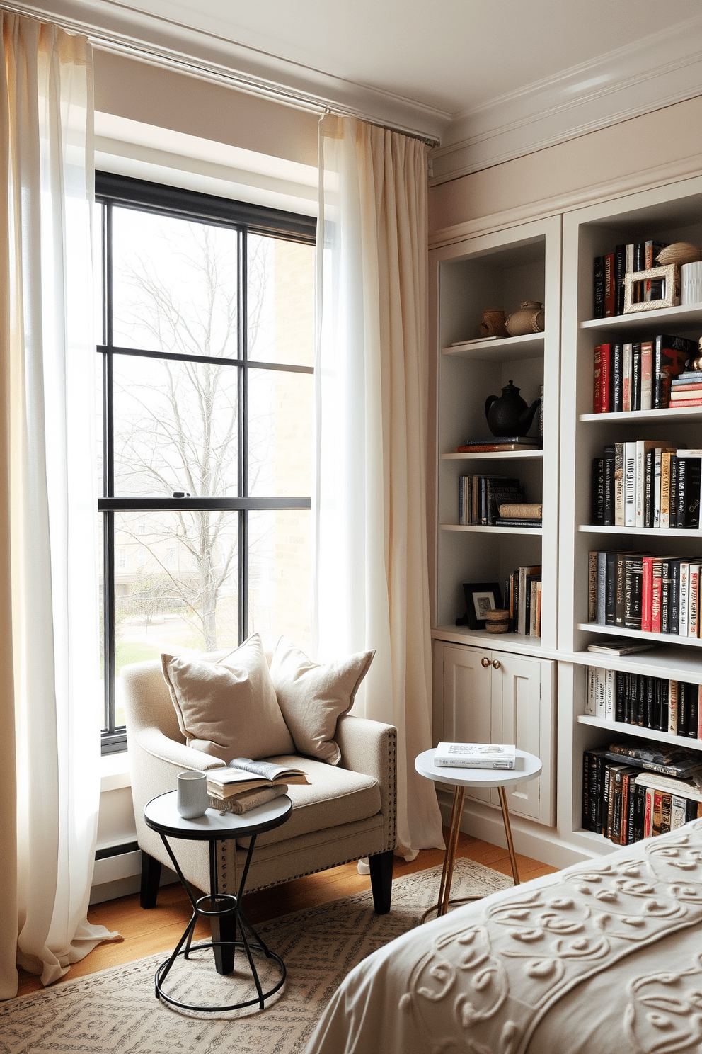 Create a cozy reading nook by a large window in a one-bedroom apartment. The nook features a plush armchair with soft cushions and a small side table for books and a warm cup of tea. Surround the area with built-in bookshelves filled with a variety of novels and decorative items. Soft, natural light filters through sheer curtains, creating a serene and inviting atmosphere.