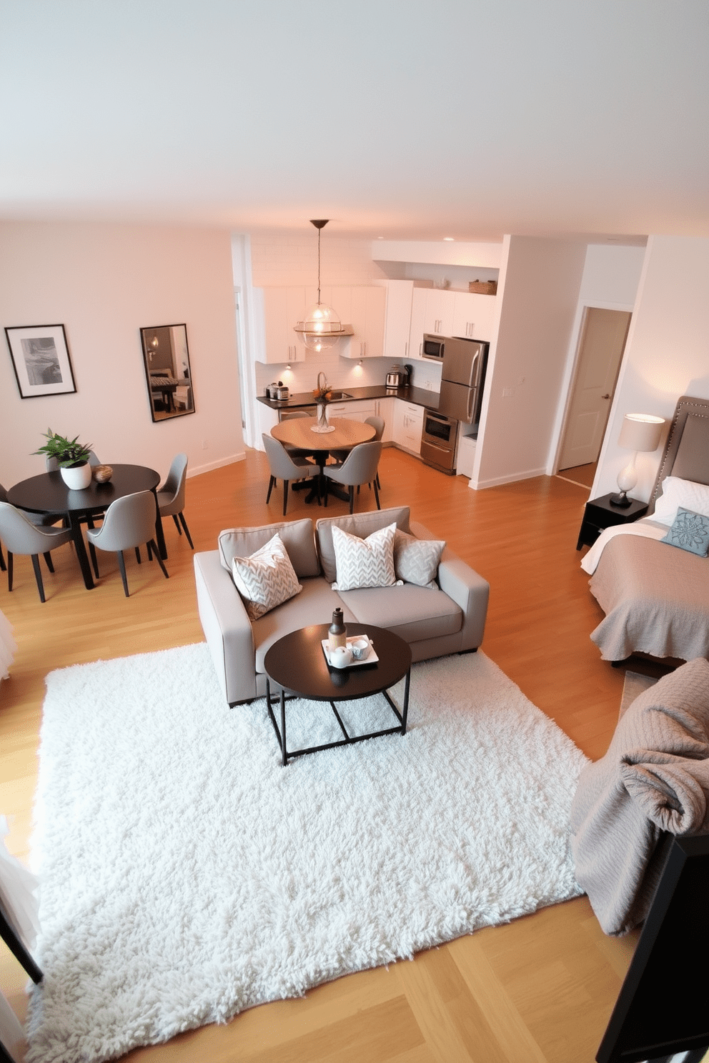 A cozy one-bedroom apartment featuring a spacious living area that seamlessly flows into the kitchen. A plush area rug in a warm color anchors the seating arrangement, creating a defined space for relaxation and conversation. In the bedroom, a soft area rug complements the bed, adding warmth and texture to the room. The design incorporates stylish furniture and decorative elements to enhance the overall aesthetic.