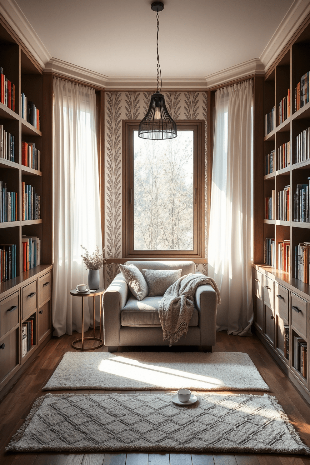 Cozy reading nook by the window. A plush armchair is positioned next to the window, surrounded by built-in bookshelves filled with colorful books. Soft natural light filters through sheer curtains, creating a warm and inviting atmosphere. A small side table holds a steaming cup of tea and a cozy blanket draped over the armchair. 10x10 bedroom design ideas. The bed is centered against a feature wall adorned with a calming wallpaper, complemented by bedside tables on either side. A stylish pendant light hangs above the bed, and a soft area rug anchors the space, adding warmth and texture underfoot.