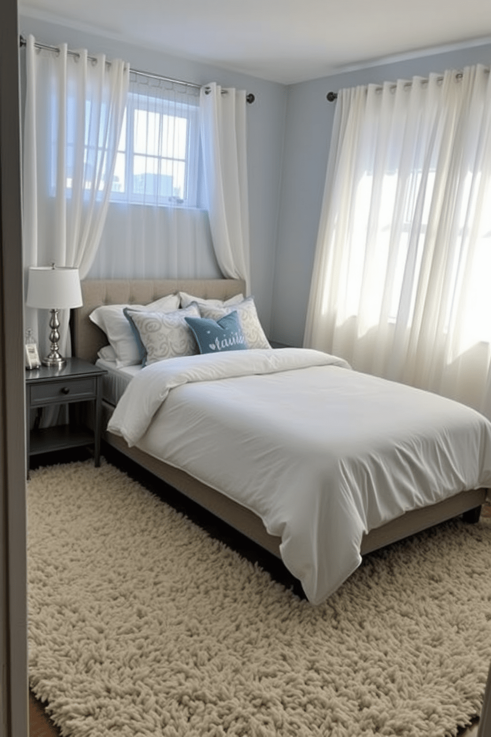 A cozy 10x10 bedroom featuring a plush textured rug that adds warmth and comfort underfoot. The bed is adorned with soft linens and decorative pillows, creating an inviting space for relaxation. Natural light filters through sheer curtains, illuminating the room's calming color palette of soft blues and whites. A small nightstand holds a stylish lamp, providing a perfect reading nook next to the bed.