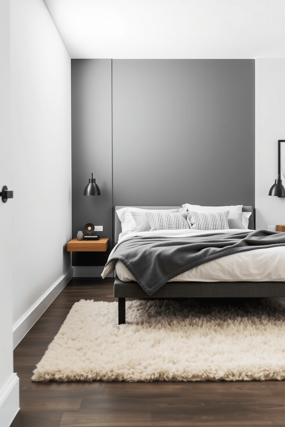 A modern 10x10 bedroom features floating nightstands mounted on the walls beside a cozy bed. The walls are painted in a soft gray, and a plush area rug lies beneath the bed, adding warmth to the space.