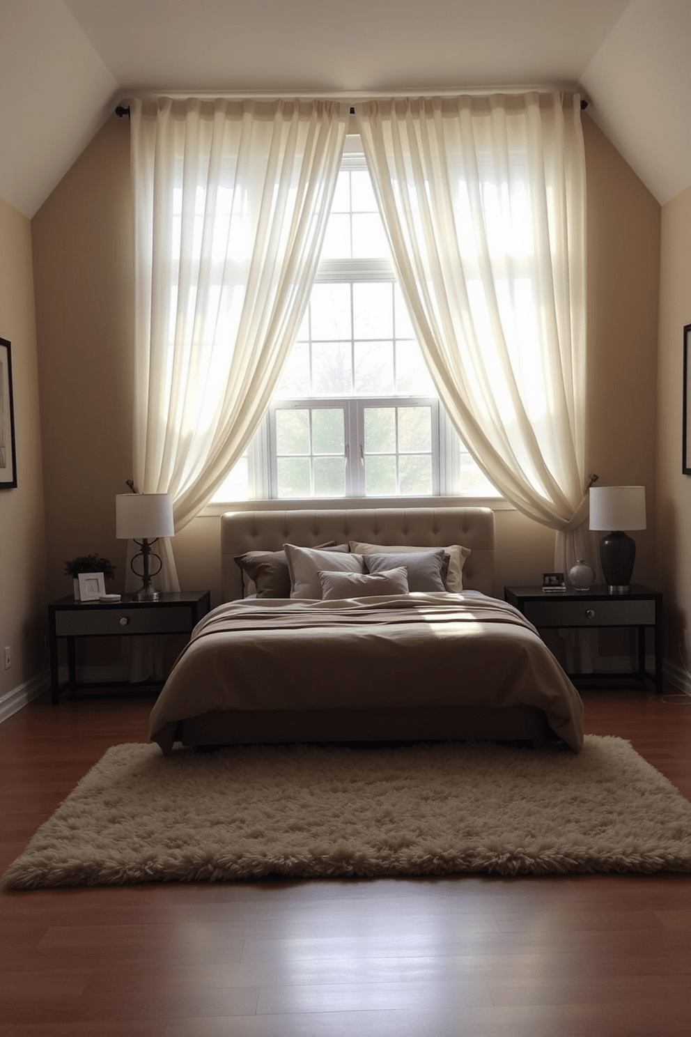 A cozy 10x10 bedroom with soft curtains gently draping over a window, allowing diffused natural light to fill the space. The walls are painted in a warm neutral tone, complemented by a plush area rug that adds texture and comfort underfoot. A comfortable bed with a tufted headboard is centered against one wall, adorned with layered bedding in calming colors. On either side of the bed, stylish nightstands hold decorative lamps that create a warm and inviting ambiance.