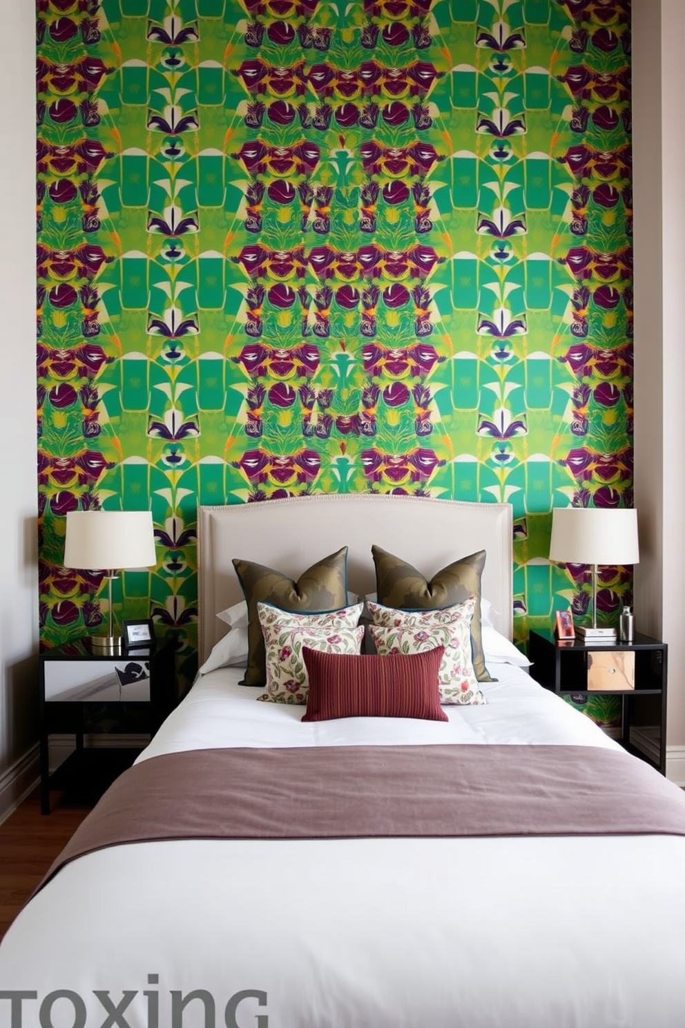 A striking accent wall features a bold geometric wallpaper design in vibrant colors. The remaining walls are painted in a soft neutral tone to complement the dynamic pattern. In the center of the room, a plush queen-sized bed is dressed in luxurious linens and adorned with a mix of decorative pillows. A stylish nightstand on either side of the bed holds modern lamps that add a warm glow to the space.