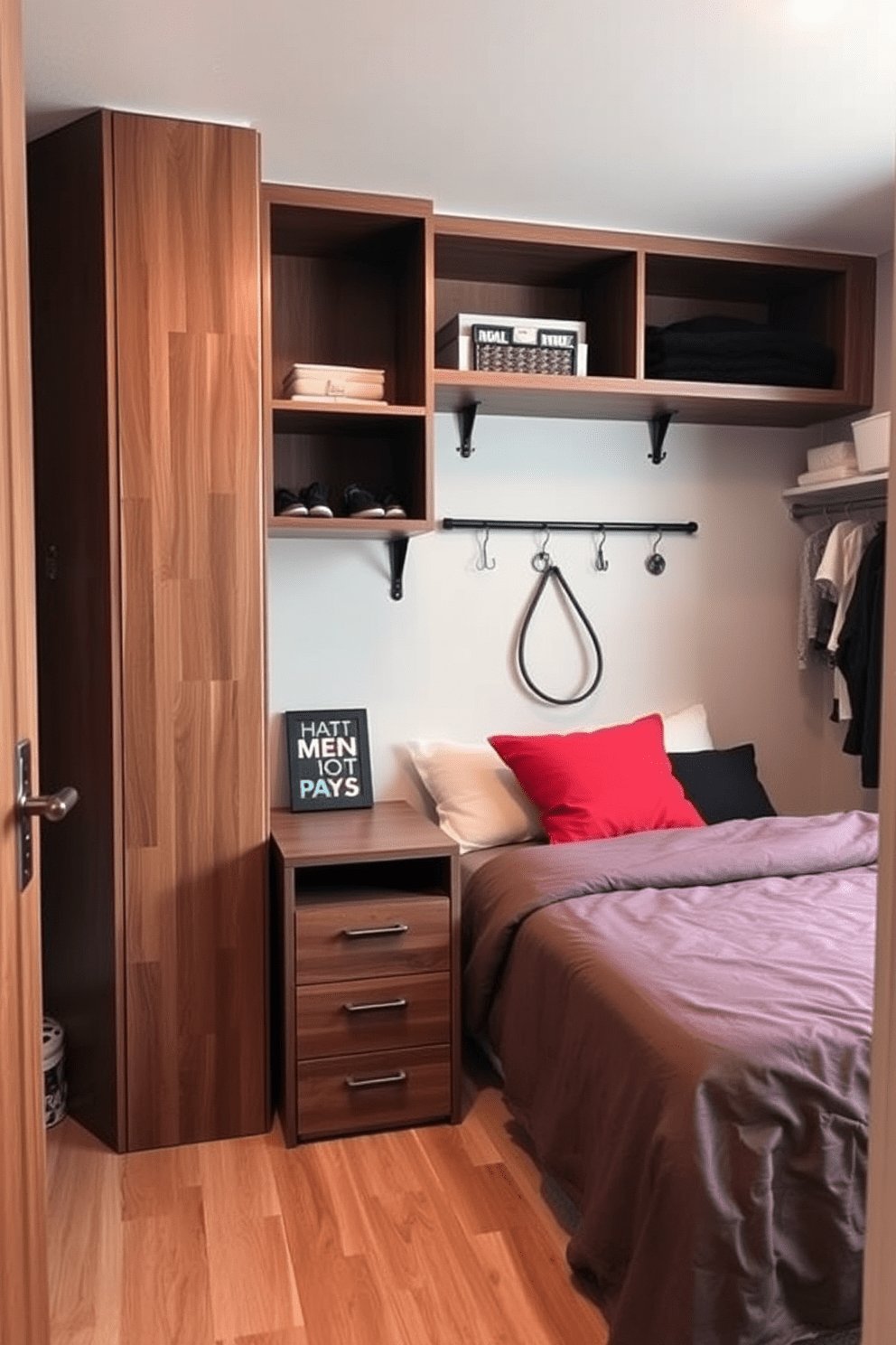 A cozy 10x10 bedroom featuring smart storage solutions. The bed is positioned against the wall with built-in shelves above it, maximizing vertical space. A multi-functional nightstand includes drawers and a small bookshelf. The closet has organizers and hooks to efficiently utilize every inch of space.