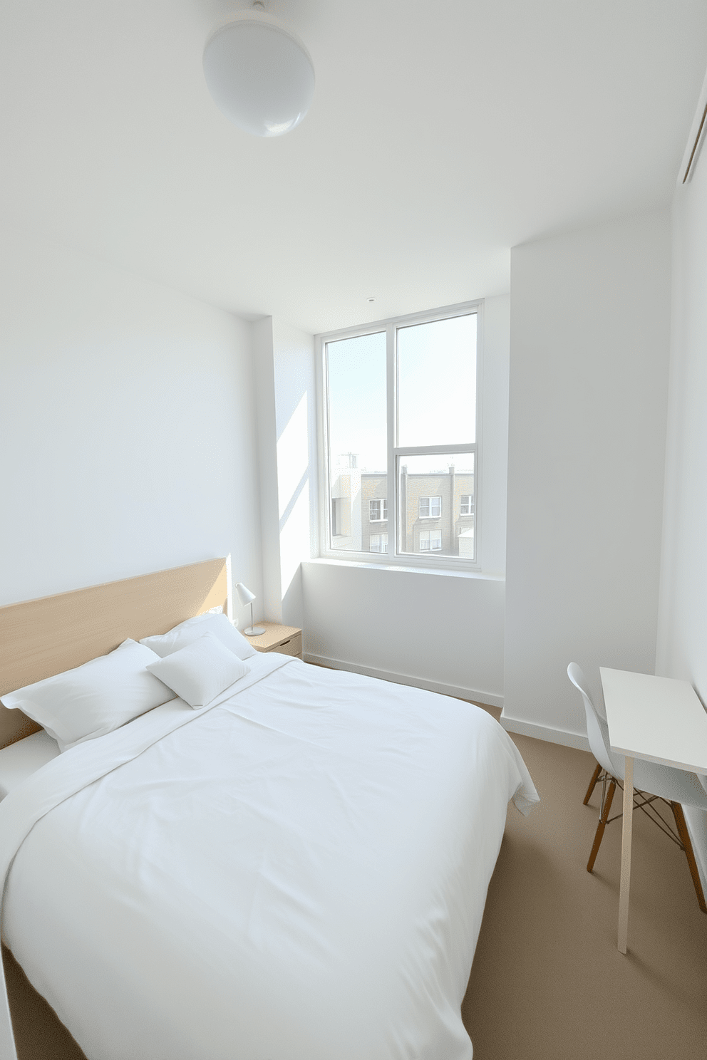 A serene 10x10 bedroom featuring light-colored walls and soft white bedding creates an airy atmosphere. The room includes a cozy queen-sized bed with fluffy pillows and a light wood headboard against the wall. A minimalist nightstand with a sleek lamp sits on one side of the bed, while a small desk with a chair occupies the opposite corner. Large windows allow natural light to flood the space, enhancing the feeling of openness and tranquility.