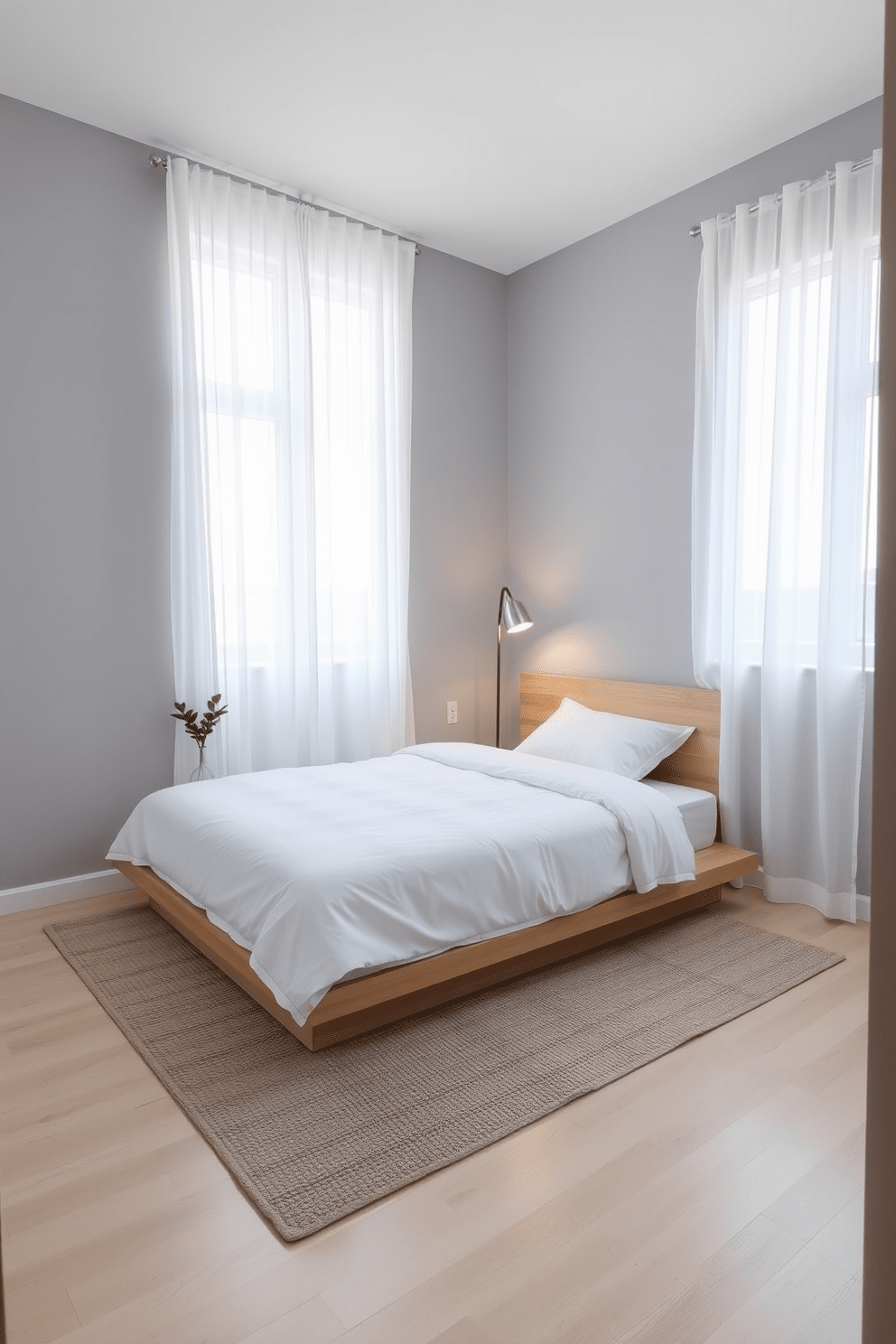 A serene 10x10 bedroom featuring a low-profile platform bed with crisp white linens and a simple wooden headboard. The walls are painted in a soft gray hue, and a large window allows natural light to flood the space, complemented by sheer white curtains. A minimalist nightstand with a single decorative plant sits on one side of the bed, while a sleek floor lamp provides warm lighting in the evening. The flooring is a light-colored hardwood, and a cozy area rug adds texture without overwhelming the room.