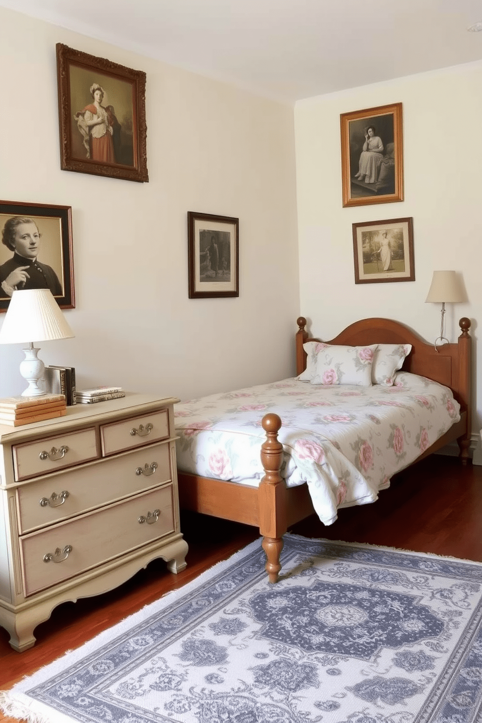 A cozy 10x10 bedroom features vintage decor that exudes charm and character. The walls are painted in a soft pastel hue, complemented by a distressed wooden bed frame adorned with floral bedding. A vintage dresser with ornate hardware sits against one wall, holding a collection of antique books and a delicate lamp. A patterned area rug adds warmth to the hardwood floor, while framed vintage prints hang above the bed, enhancing the inviting atmosphere.