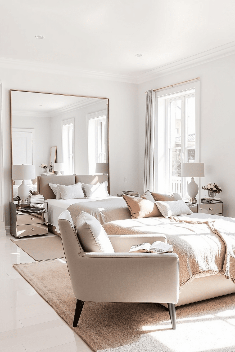 A serene bedroom setting designed to maximize natural light. The walls are painted in a soft white hue, creating a bright and airy atmosphere. A large floor-to-ceiling mirror is positioned opposite a window, reflecting sunlight and enhancing the sense of space. The bed features plush bedding in muted tones, complemented by stylish bedside tables with elegant lamps. A cozy reading nook is created by placing a comfortable armchair near the window, with a small side table for books. The flooring is adorned with a soft area rug that adds warmth and texture to the room.