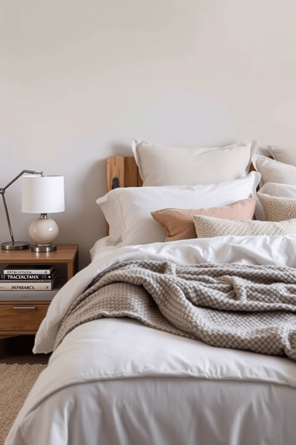 A cozy bedroom featuring layered bedding in soft, neutral tones. The bed is adorned with plush pillows and a textured throw blanket, creating an inviting atmosphere. The walls are painted in a calming light gray, complemented by warm wooden accents. A stylish nightstand holds a modern lamp and a few decorative books, enhancing the room's aesthetic.