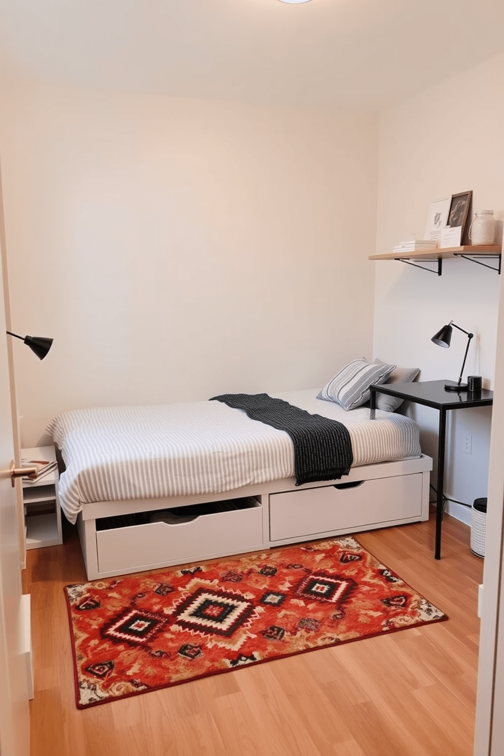 A cozy 10x10 bedroom featuring small scale furniture that maximizes space. The bed is a minimalist platform style with built-in storage drawers underneath, complemented by a compact nightstand and a sleek desk in the corner. The walls are painted in a soft neutral tone to create an airy feel. A colorful area rug anchors the space, while a wall-mounted shelf displays decorative items without taking up floor space.