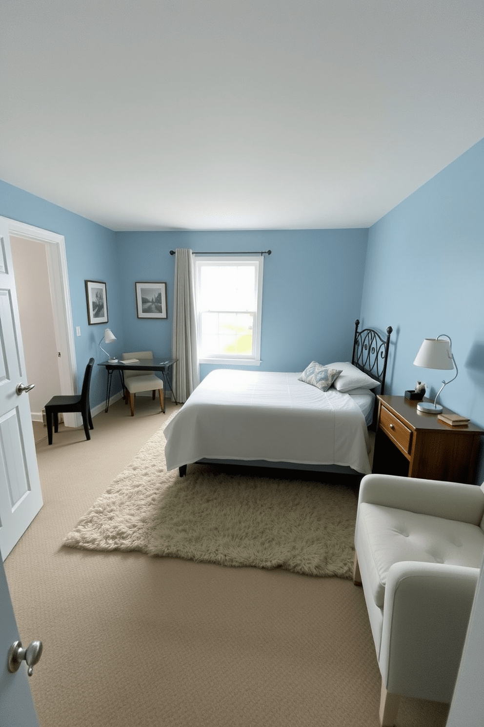 A cozy 10x10 bedroom featuring a queen-sized bed positioned against the wall opposite the door. The room includes a small desk in the corner for work and a comfortable chair next to a window that lets in natural light. The walls are painted a soft blue to create a calming atmosphere. A plush area rug lies beneath the bed, and there are two nightstands with stylish lamps on either side of the bed for added functionality.