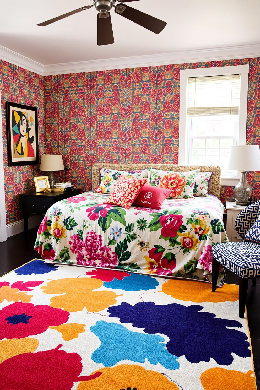 A cozy bedroom filled with bold patterns that create visual interest. The walls are adorned with a vibrant geometric wallpaper, while the bedding features a striking floral print. A large area rug with a colorful abstract design anchors the space, adding warmth and texture. Accent pillows in various patterns and colors are arranged on the bed, enhancing the room's playful atmosphere.