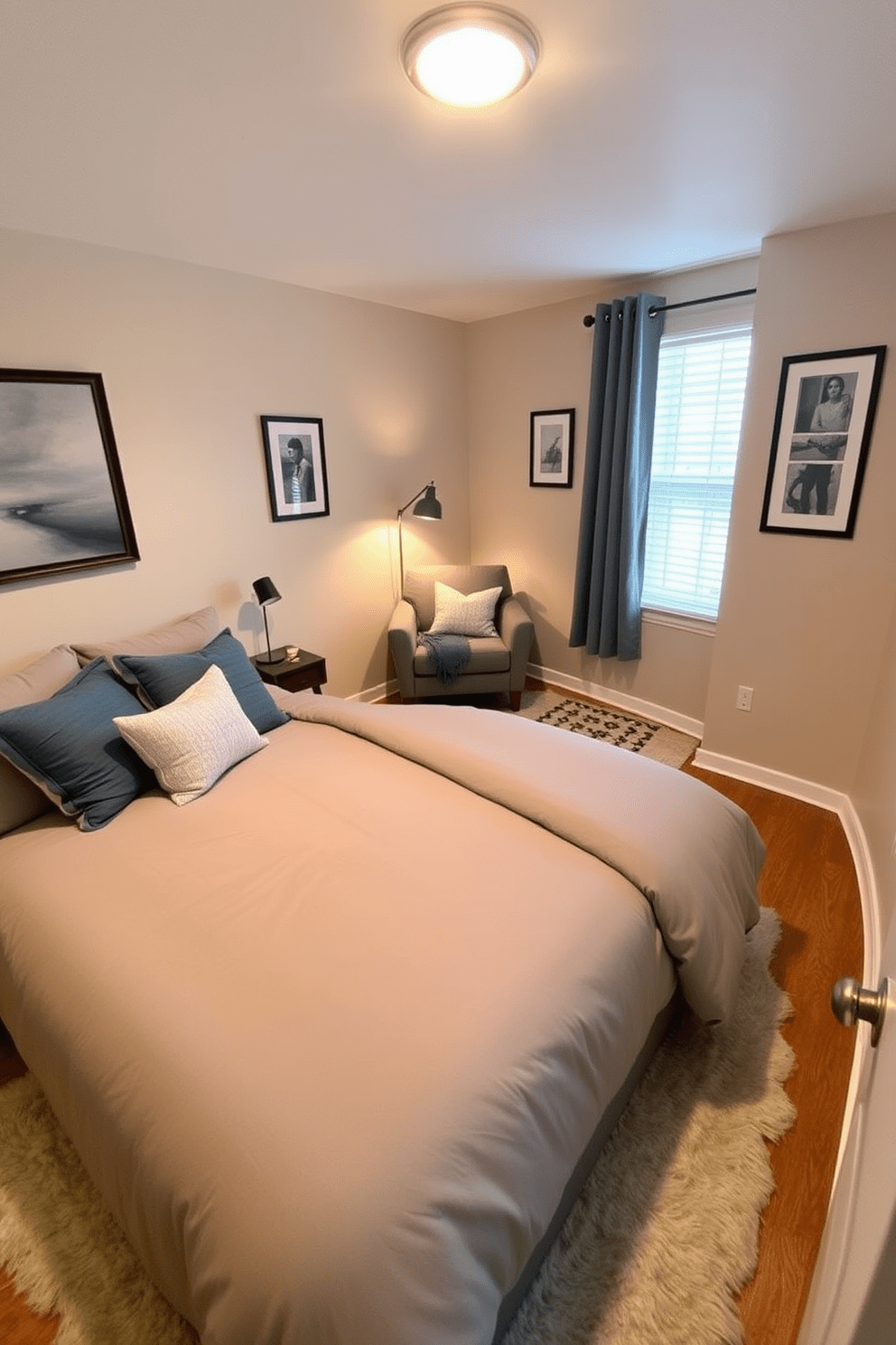 A cozy 10x10 bedroom features a plush bed with a soft gray duvet and decorative pillows in various shades of blue. In one corner, a small seating area includes a stylish armchair and a round side table, creating an inviting nook for reading or relaxation. The walls are painted in a calming light beige, enhancing the room's tranquility. A soft area rug lies beneath the bed, and a few framed artworks adorn the walls, adding a personal touch to the space.