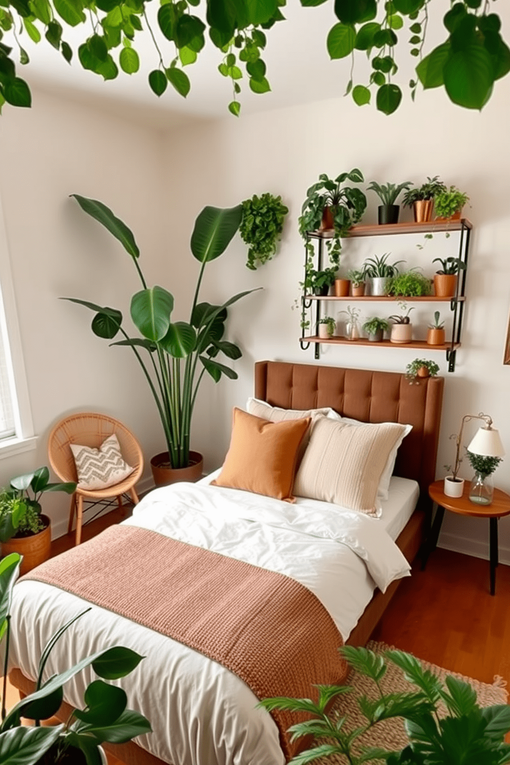 A serene 10x10 bedroom filled with lush greenery and indoor plants. The walls are painted in a soft neutral tone, and a large leafy plant sits in one corner beside a cozy reading chair. A stylish bed with a plush headboard is adorned with textured pillows in earthy tones. Shelves lined with smaller potted plants create a vibrant, refreshing atmosphere throughout the space.