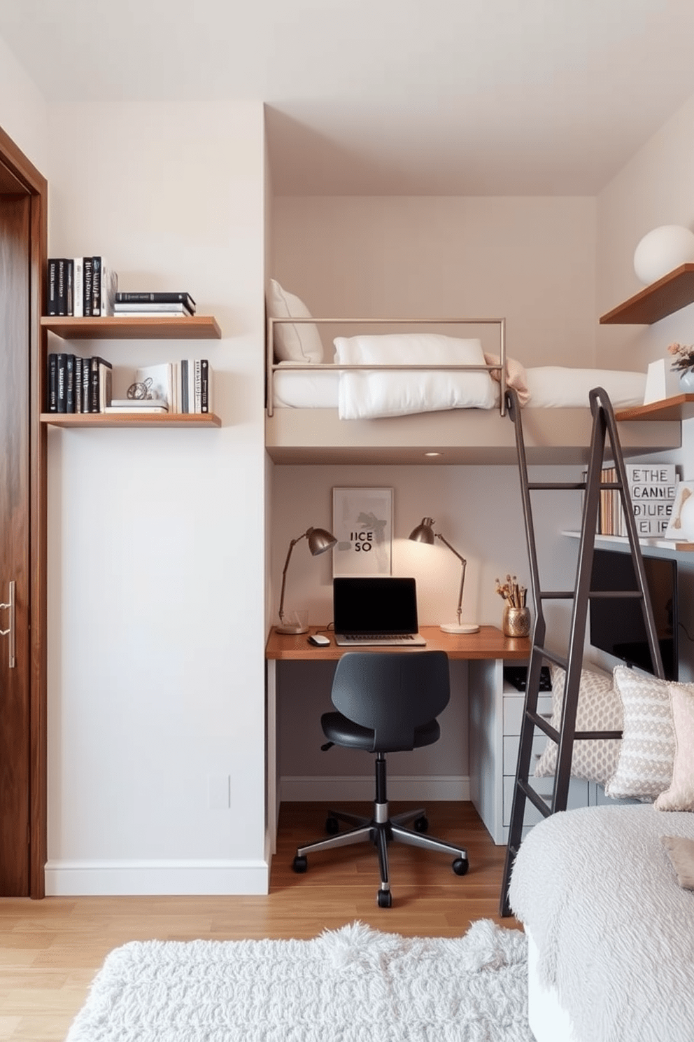 A cozy 10x10 bedroom featuring creative use of vertical space for storage. The walls are adorned with floating shelves filled with books and decorative items, while a stylish ladder leads to a lofted bed above a compact workspace. Beneath the lofted bed, a sleek desk with a comfortable chair creates a functional study area. The color palette includes soft neutrals with pops of pastel accents, and a plush area rug adds warmth to the space.