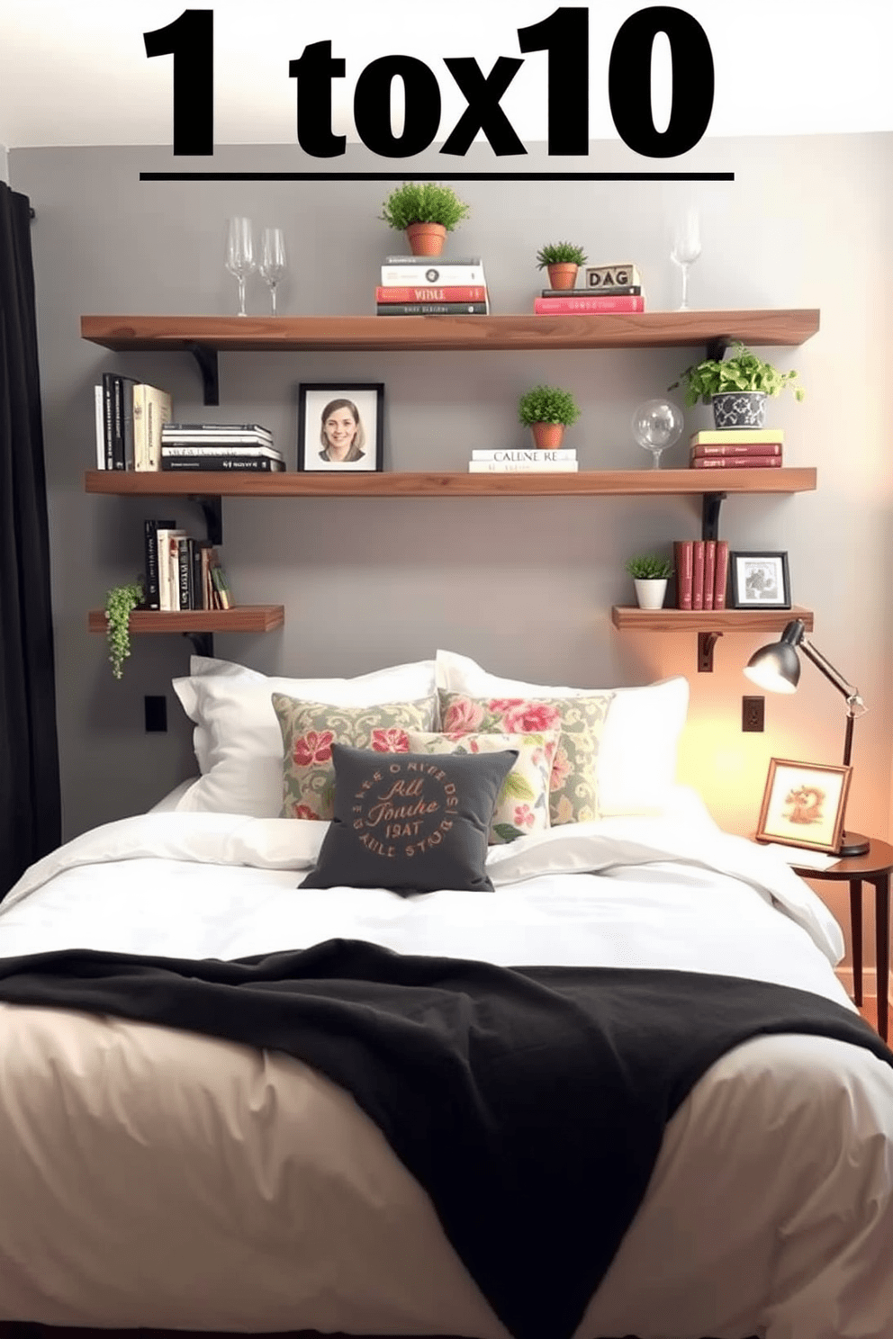 A cozy 10x10 bedroom featuring wall-mounted shelves for extra storage. The shelves are made of reclaimed wood and are adorned with books, plants, and decorative boxes. The bed is positioned against a soft gray accent wall, with a plush white comforter and colorful throw pillows. A small bedside table holds a stylish lamp and a framed picture, creating a warm and inviting atmosphere.