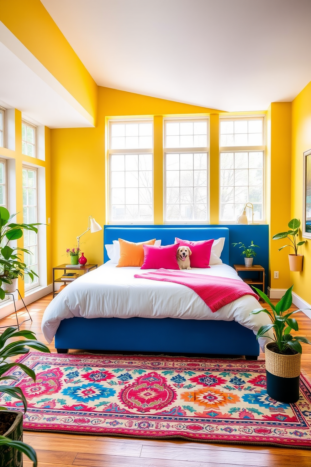 A vibrant bedroom filled with bright colors that enhance the natural light streaming through large windows. The walls are painted in a cheerful yellow, complemented by a bold blue accent wall behind the bed. The bed features a plush white duvet with colorful throw pillows in shades of pink and orange. A stylish area rug in lively patterns adds warmth to the hardwood floor, while houseplants bring a touch of nature indoors.