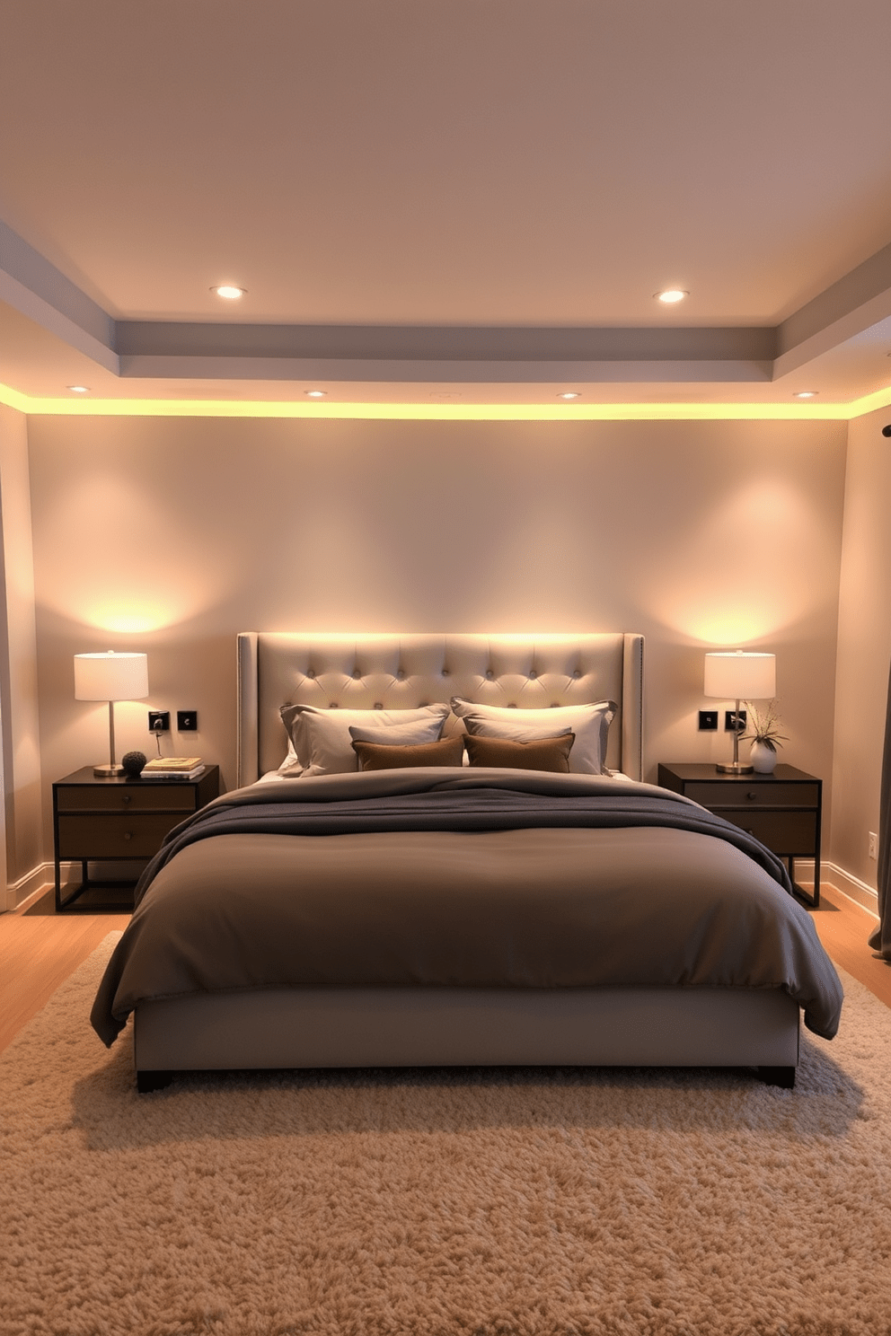 A cozy bedroom featuring layered lighting that enhances ambiance and warmth. Soft bedside lamps provide a gentle glow, while recessed ceiling lights illuminate the space with a warm hue. The walls are painted in a calming light gray, complemented by a plush area rug in soft beige. A king-sized bed with a tufted headboard sits at the center, adorned with layered bedding in muted tones.