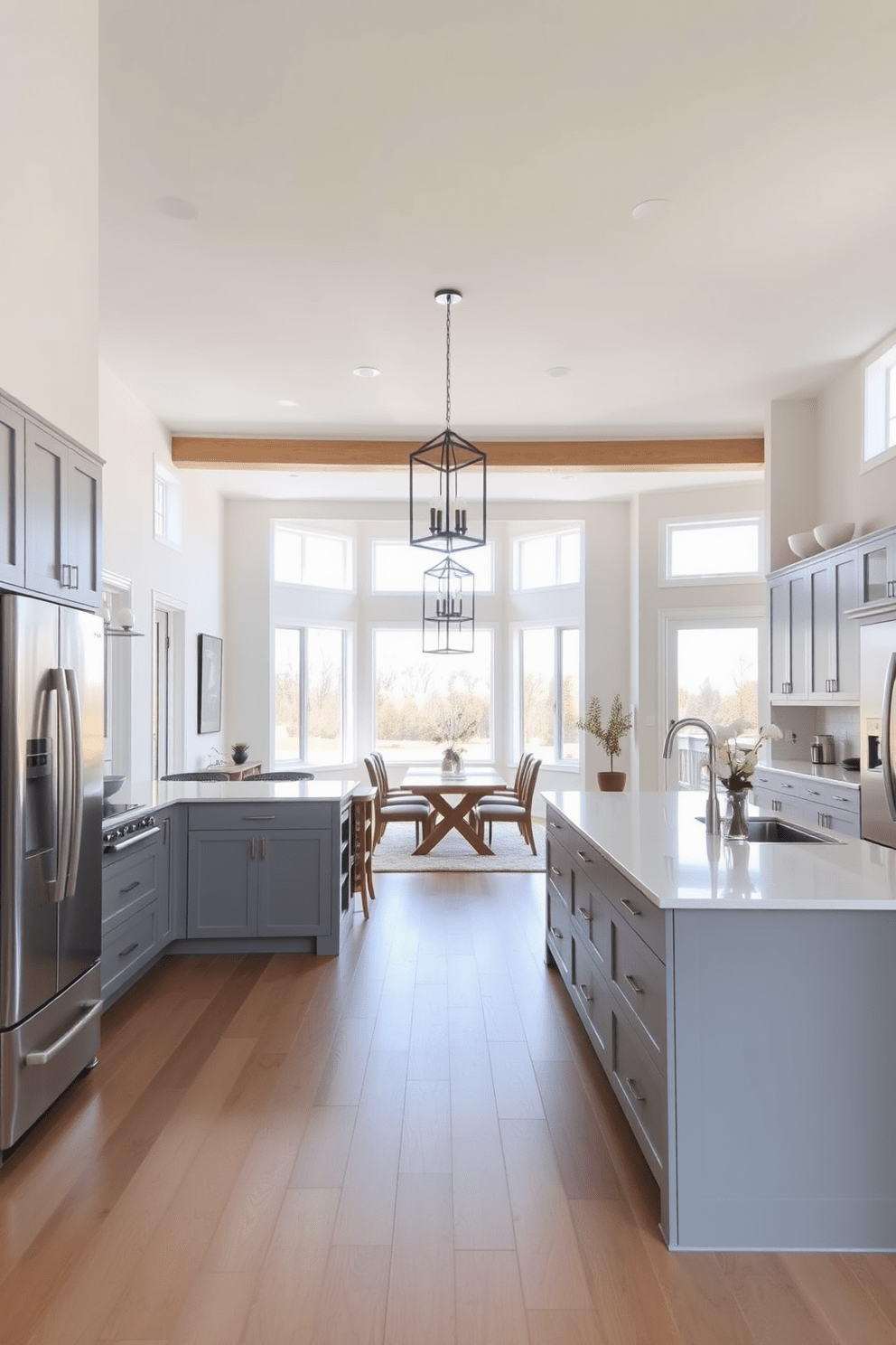 Open concept kitchen featuring a seamless transition to the dining area. The layout includes a large island with seating, sleek cabinetry in a soft gray finish, and stainless steel appliances. Natural light floods the space through large windows, enhancing the airy feel. A stylish pendant light hangs above the island, creating a focal point in the room.
