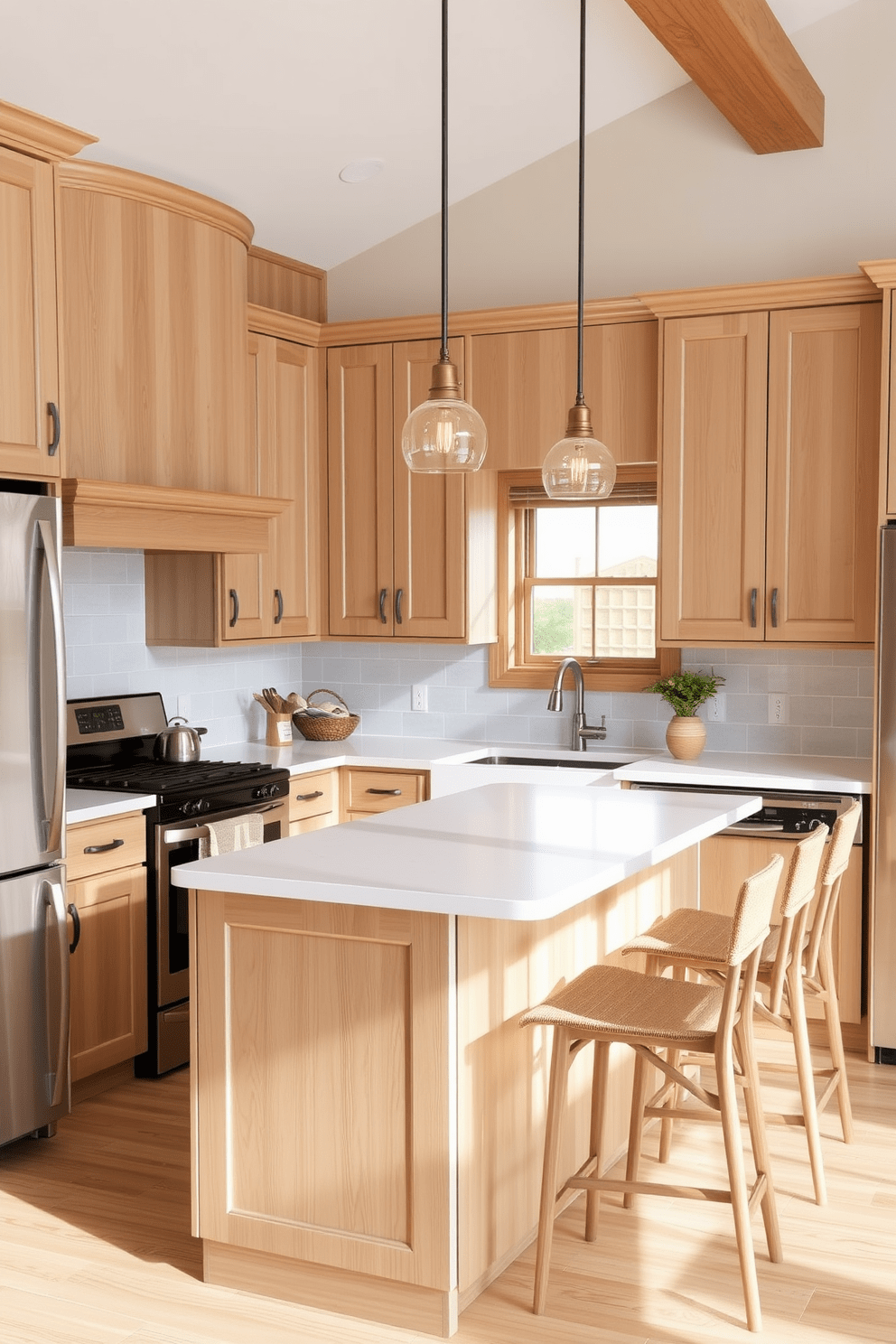 A cozy kitchen featuring light wood cabinetry with a natural finish, creating a warm and inviting atmosphere. The countertops are a smooth white quartz, complemented by a subtle backsplash of soft gray tiles. A central island with bar seating provides a functional space for meal preparation and casual dining. Pendant lights hang above the island, adding a touch of elegance and warmth to the overall design.