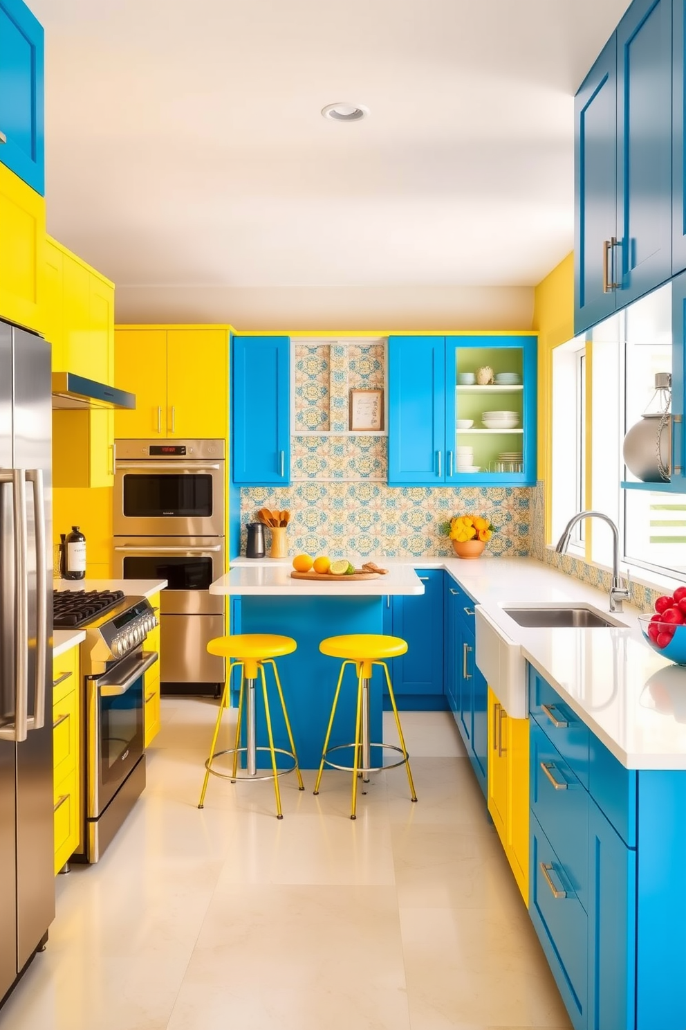 A vibrant kitchen featuring colorful cabinetry that adds energy and personality to the space. The cabinets are a mix of bold blues and sunny yellows, complemented by sleek stainless steel appliances and a bright white countertop. In the center, a large island provides additional workspace and seating, with stylish bar stools in a coordinating hue. The backsplash showcases playful patterned tiles that tie the color scheme together, creating a cheerful and inviting atmosphere.