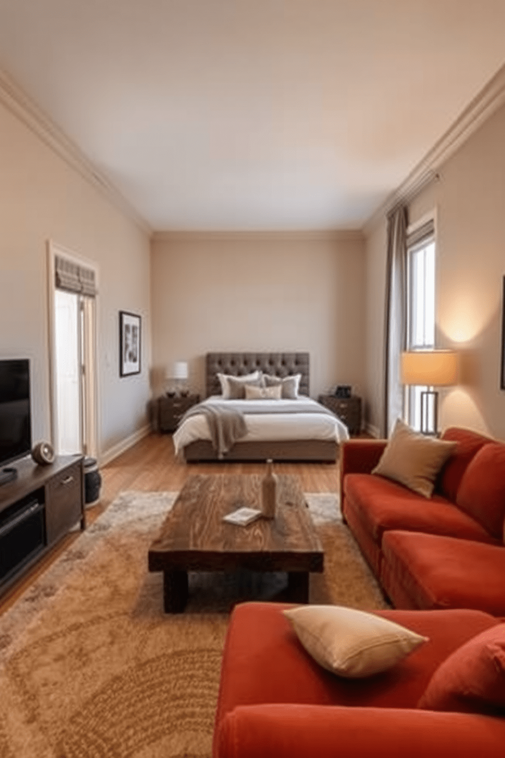 Cozy living room with warm color palette. The walls are painted in soft beige, and a plush, oversized sofa in deep rust is centered around a rustic wooden coffee table. Two bedroom apartment design ideas. The first bedroom features a queen-sized bed with a tufted headboard, complemented by soft linens and a stylish bedside table with a modern lamp.