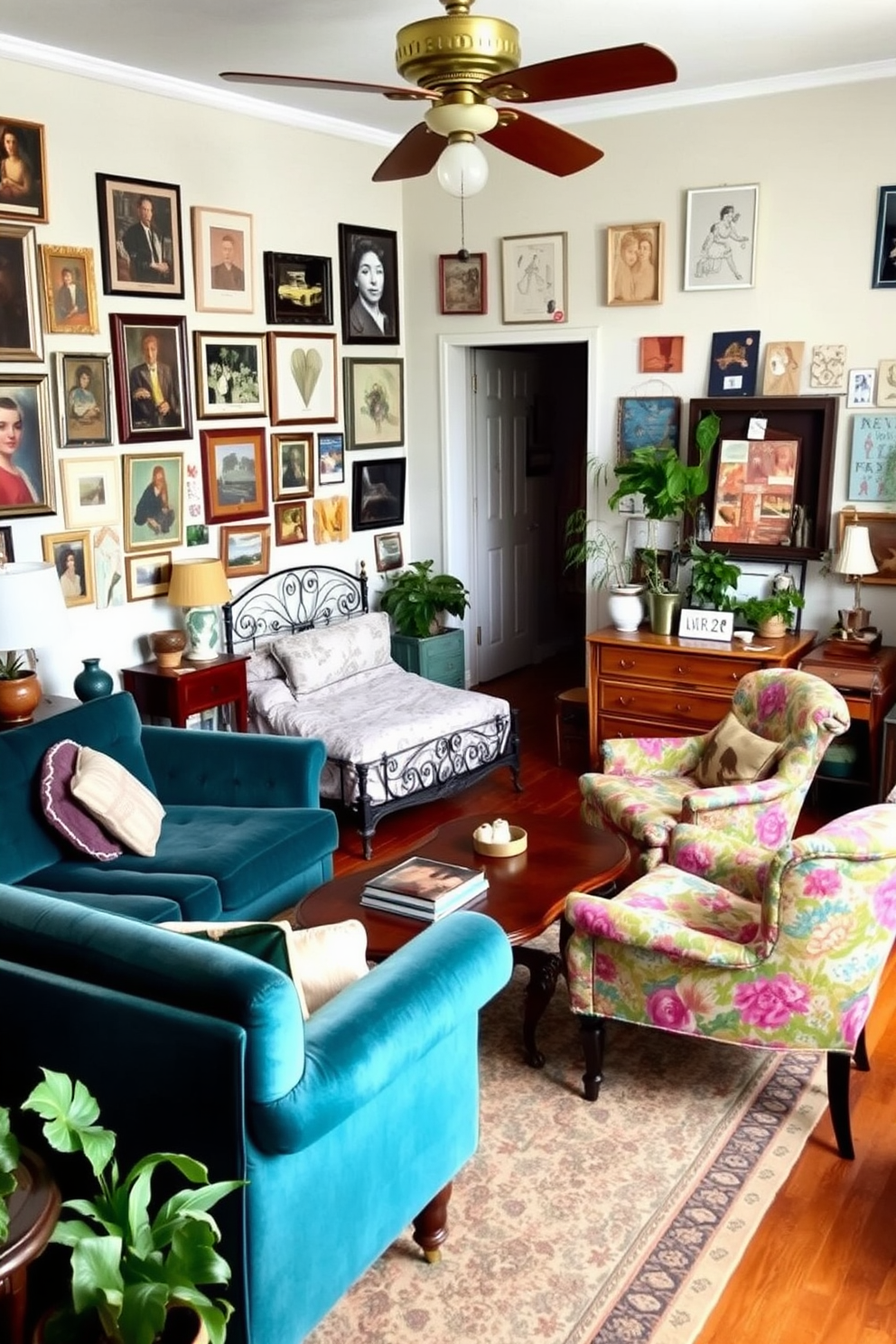 A cozy living room filled with vintage furniture that exudes eclectic charm. A mid-century modern sofa in a rich teal color is paired with an ornate wooden coffee table and an antique armchair upholstered in a vibrant floral fabric. The walls are adorned with an eclectic mix of artwork, showcasing various styles and colors. A patterned area rug anchors the space, while a collection of potted plants adds a touch of greenery and warmth. In the first bedroom, a vintage wrought iron bed frame is dressed with layered linens in soft pastels. A mismatched nightstand holds a vintage lamp, and a retro dresser completes the inviting atmosphere. The second bedroom features a charming writing desk made of reclaimed wood, accompanied by a colorful upholstered chair. A gallery wall of family photos and art pieces adds personal character to the space.