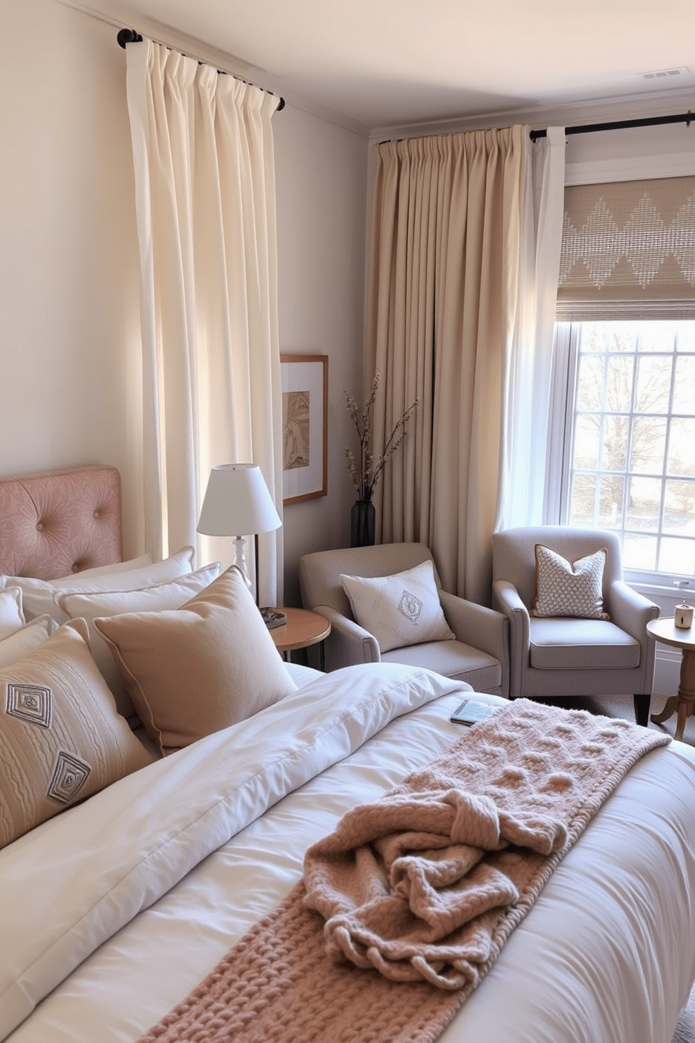 A cozy bedroom featuring soft textiles that create a warm and inviting atmosphere. The bed is dressed in plush bedding with layered throws and an assortment of decorative pillows. Natural light filters through sheer curtains, enhancing the soft color palette of muted pastels. A comfortable reading nook is situated by the window, complete with a plush armchair and a small side table.