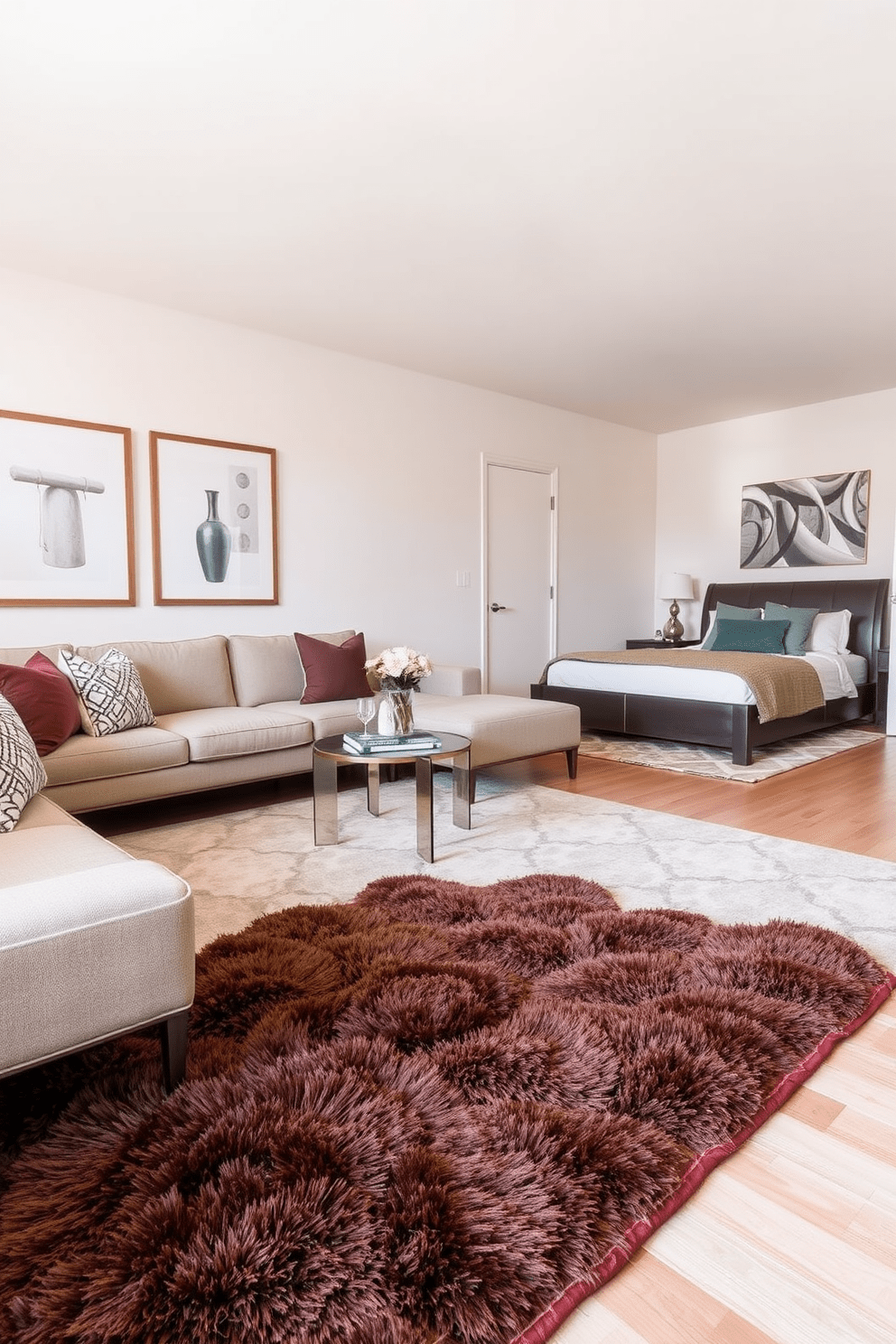 A stylish living room features a large area rug that anchors the seating arrangement, adding warmth and texture to the space. The rug is adorned with a geometric pattern in soft neutral tones, complementing the modern furniture and artwork on the walls. In the bedroom, a plush rug sits at the foot of the bed, creating a cozy atmosphere. Its rich color contrasts beautifully with the light wood flooring, enhancing the overall design of the room.