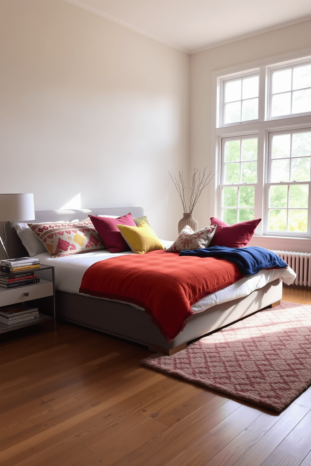 A cozy bedroom setting featuring a plush bed adorned with colorful cushions in various patterns and textures. The walls are painted in a soft neutral tone, and a stylish area rug adds warmth to the hardwood floor. On one side of the bed, a modern nightstand holds a sleek lamp and a stack of books. Large windows allow natural light to flood the room, highlighting the vibrant colors of the cushions and creating a welcoming atmosphere.