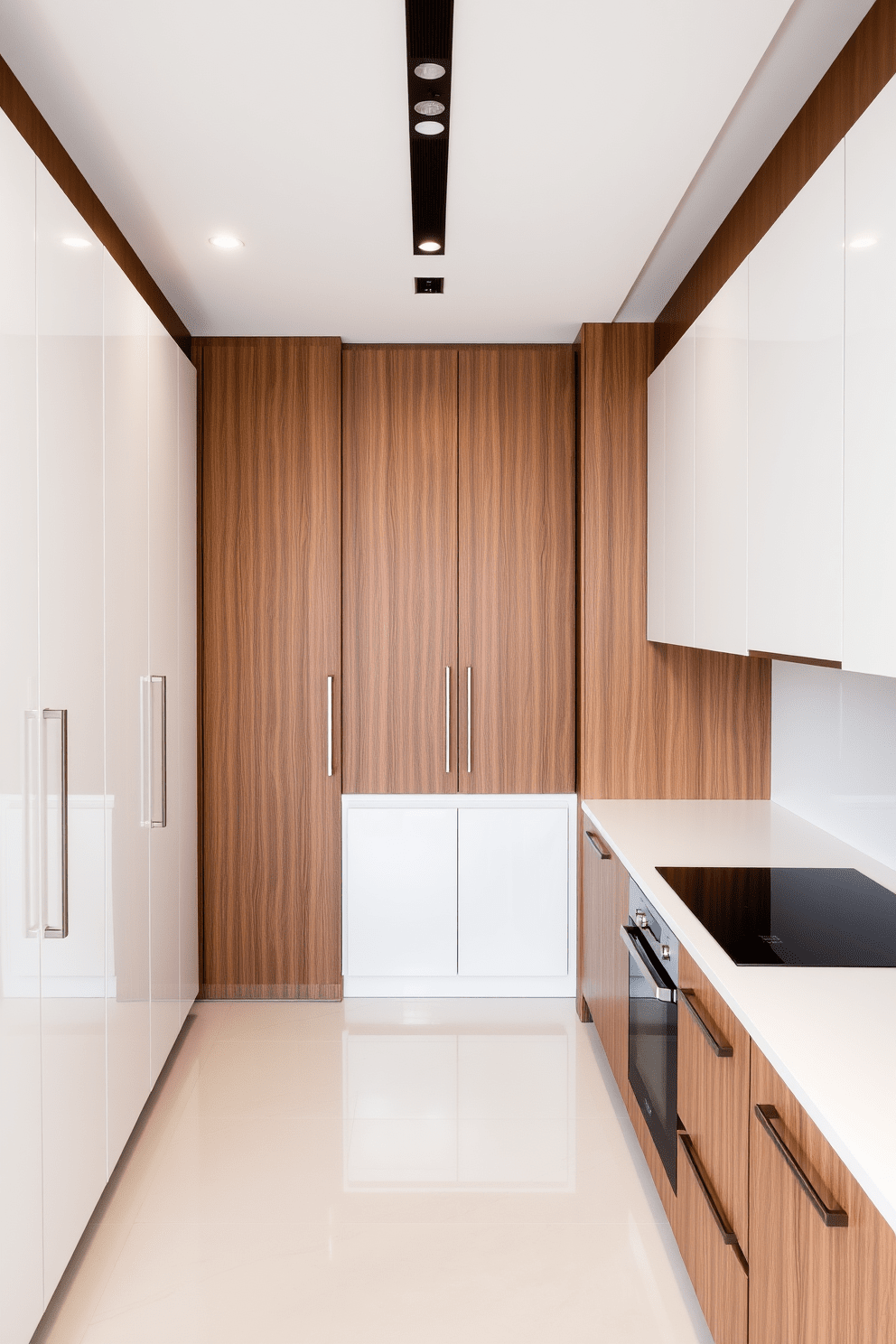 Sleek cabinetry lines the walls of a modern kitchen, featuring a combination of glossy white and rich wood finishes. The cabinets are designed with minimalist handles, creating a seamless and organized look for an efficient cooking space. The two-bedroom apartment showcases an open-concept living area that flows into a stylish kitchen. Each bedroom is designed with a calming color palette and includes built-in storage solutions for a clutter-free environment.