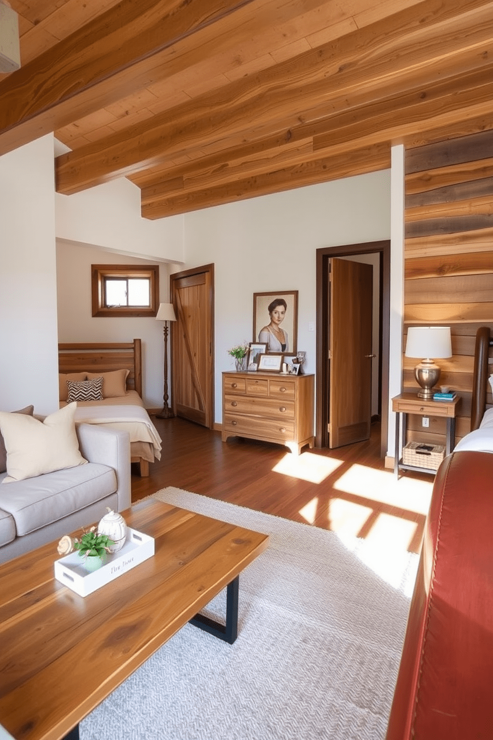 A cozy two bedroom apartment featuring rustic touches with wooden accents throughout the space. The living room showcases exposed wooden beams on the ceiling and a reclaimed wood coffee table paired with a plush sofa. In the first bedroom, a wooden bed frame with a vintage finish complements soft earth-toned bedding. A wooden dresser stands against the wall, adorned with decorative items and a small potted plant. The second bedroom includes a wooden accent wall that adds warmth and character to the space. A bedside table made from reclaimed wood holds a stylish lamp, creating a serene atmosphere for relaxation.