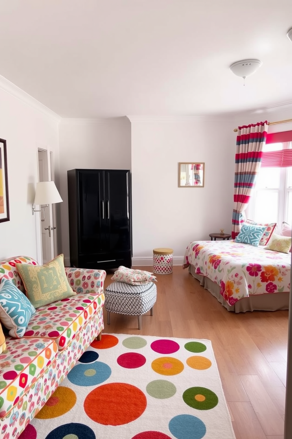 A cozy two bedroom apartment filled with playful patterns in soft furnishings. The living room features a vibrant patterned sofa adorned with colorful throw pillows, complemented by a whimsical area rug that ties the space together. In the master bedroom, a mix of floral and geometric patterns on the bedding creates a lively atmosphere. The second bedroom showcases a playful combination of stripes and polka dots in the curtains and cushions, adding a fun touch to the overall design.