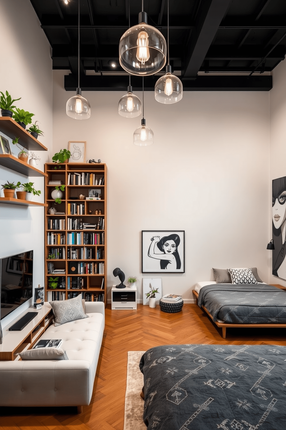 A stylish two bedroom apartment featuring creative use of vertical space for decor. The walls are adorned with floating shelves displaying plants and art, while the ceiling showcases pendant lights that draw the eye upward. In the living area, a tall bookcase reaches the ceiling filled with books and decorative items. The bedrooms incorporate wall-mounted bedside tables and oversized wall art to enhance the sense of height and style.