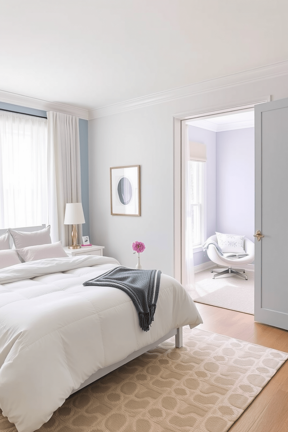 A serene bedroom featuring soft pastel colors such as light blue and pale pink on the walls. The bedding is a plush white duvet with coordinating throw pillows, and sheer curtains allow natural light to filter gently into the space. The second bedroom showcases a muted lavender palette with a cozy reading nook by the window. A stylish area rug anchors the space, complementing the minimalist furniture and adding warmth to the calming atmosphere.