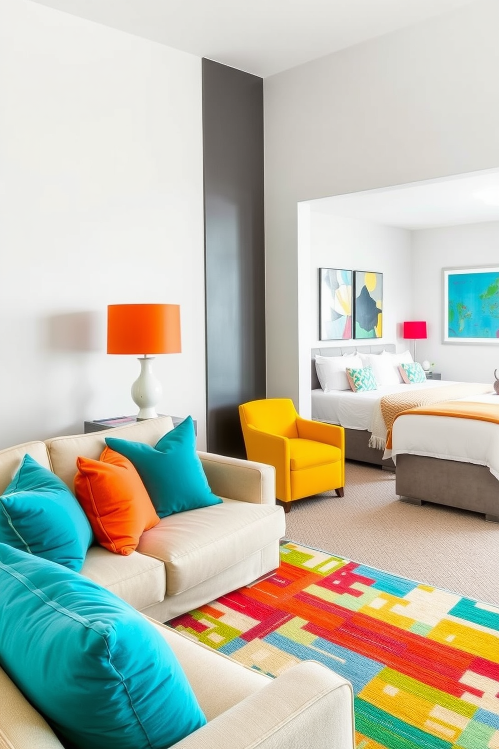 Bright accents in neutral spaces create a lively and inviting atmosphere. In the living area, a soft beige sofa is paired with vibrant throw pillows in shades of teal and orange, while a colorful area rug anchors the space. The bedrooms feature a calming palette of soft grays and whites, accented by bold artwork on the walls. Each room includes a statement piece, such as a bright yellow chair in one room and a striking red bedside lamp in the other, adding personality and warmth.