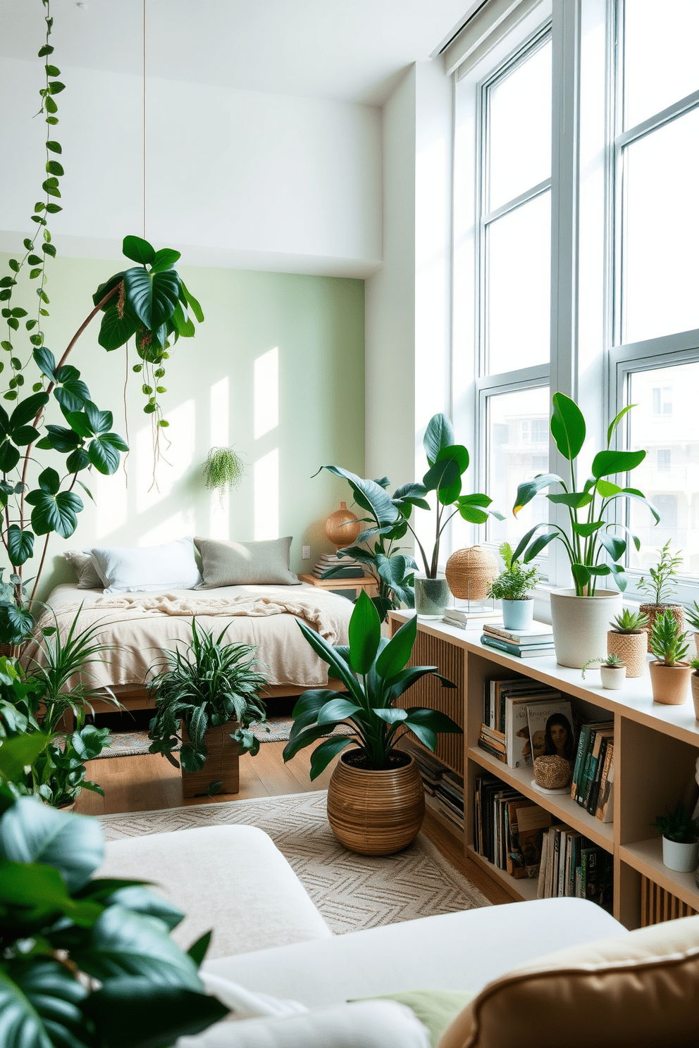 A serene two-bedroom apartment featuring nature-inspired elements. The living room is adorned with various indoor plants, including a large fiddle leaf fig and hanging pothos, creating a refreshing atmosphere. In the master bedroom, a soft green accent wall complements the natural light streaming through large windows. The second bedroom is designed with a cozy reading nook surrounded by shelves filled with books and small potted succulents.