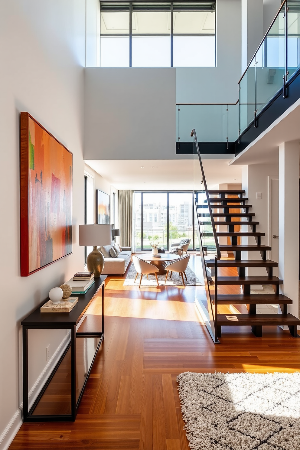 Inviting entryway with statement art. The walls are adorned with a large abstract painting that features vibrant colors, drawing attention as guests enter the space. A stylish console table sits against the wall, topped with decorative items and a sleek lamp. The flooring is a warm hardwood, complemented by a plush area rug that adds texture and warmth to the entryway. Two-story apartment design ideas. The open floor plan creates a seamless flow between the living and dining areas, with large windows allowing natural light to flood the space. A modern staircase with a glass railing leads to the upper level, where a cozy reading nook is situated by a window with a view.