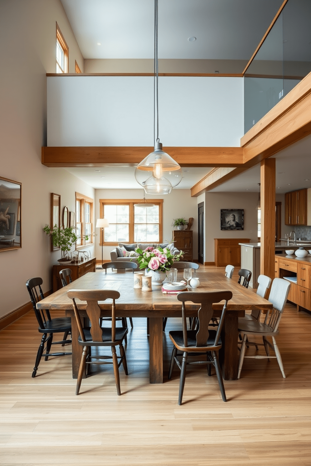 A rustic dining area features a large reclaimed wood table surrounded by mismatched chairs for a charming, eclectic look. Soft pendant lights hang above the table, illuminating a centerpiece of fresh flowers and vintage tableware. The two-story apartment design incorporates an open floor plan with a spacious living area that flows seamlessly into the dining space. Large windows allow natural light to flood the room, enhancing the warm tones of the wood and creating an inviting atmosphere.