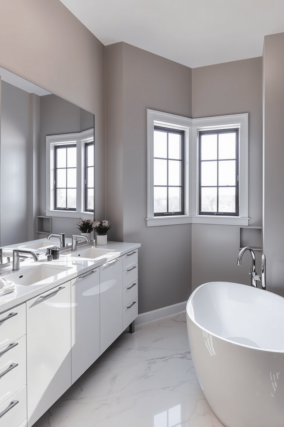 Sleek bathroom featuring a double vanity with a glossy white finish and modern fixtures. Large frameless mirrors reflect the natural light coming from the window, enhancing the spacious feel of the room. The walls are adorned with a soft gray hue, complemented by elegant marble flooring. A stylish freestanding bathtub rests against one wall, creating a luxurious focal point in the space.