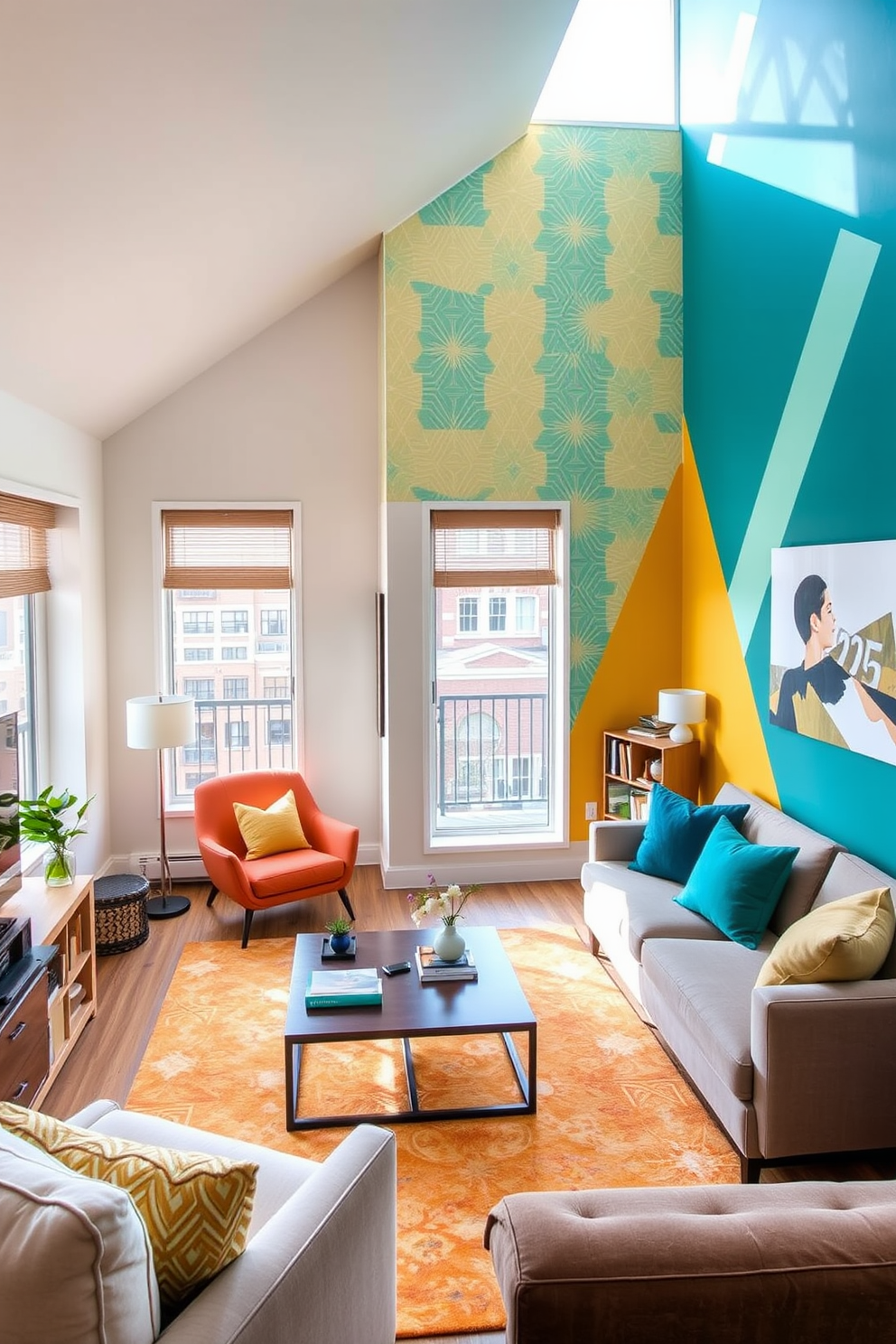 A vibrant living room features a colorful accent wall adorned with geometric patterns in shades of teal and mustard yellow. The space is filled with modern furniture, including a plush sofa and a stylish coffee table, creating an inviting atmosphere. The design incorporates large windows that allow natural light to flood the room, enhancing the lively colors. A cozy reading nook with a comfortable armchair and a small bookshelf adds functionality and charm to the two-story apartment.