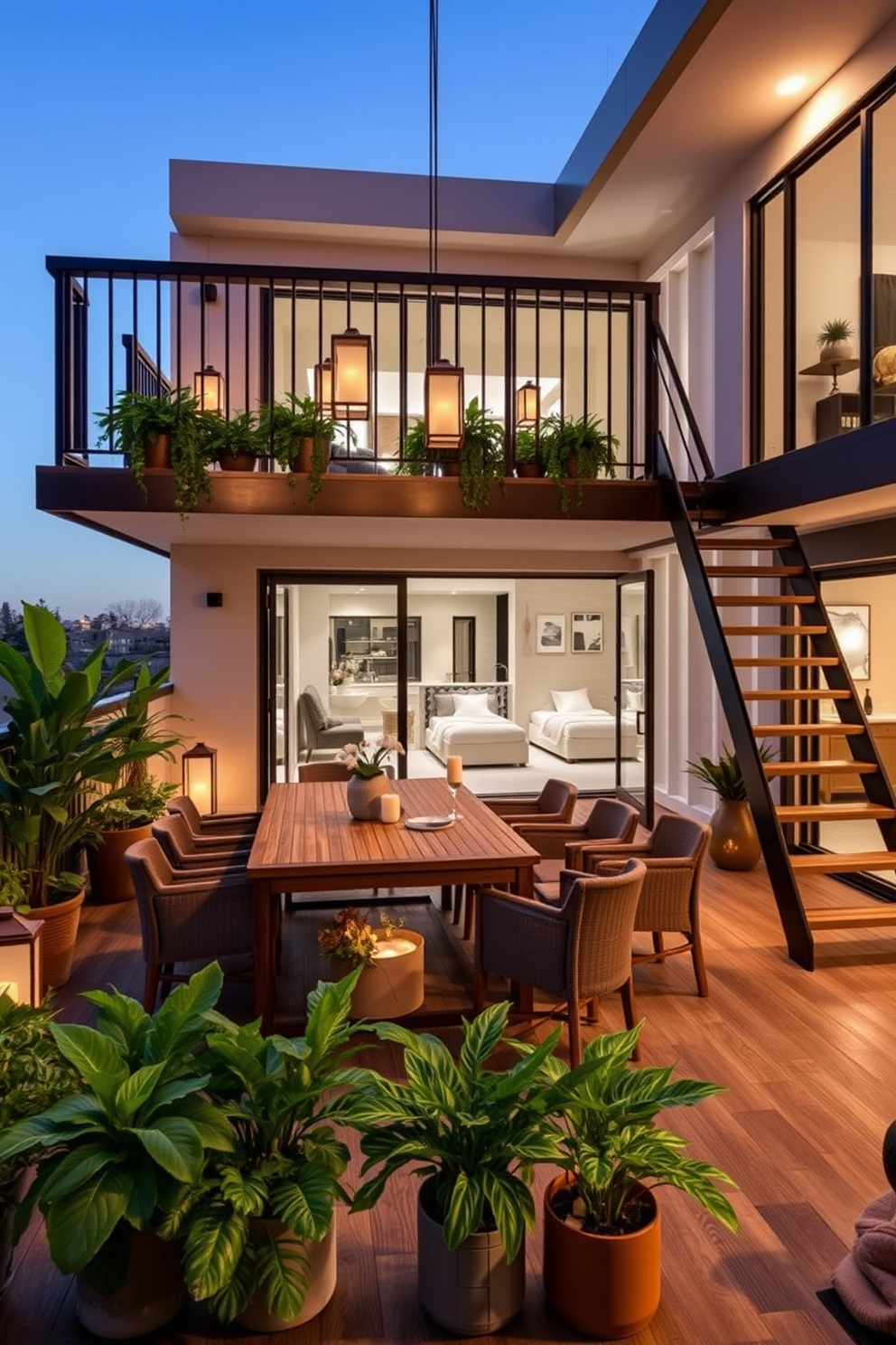 A spacious balcony designed for outdoor dining features a large wooden table surrounded by comfortable chairs. Lush potted plants and hanging lanterns create a warm and inviting atmosphere for evening gatherings. The two-story apartment design incorporates an open floor plan that maximizes natural light. A sleek staircase connects the living area to the upper level, where cozy bedrooms and a modern bathroom await.