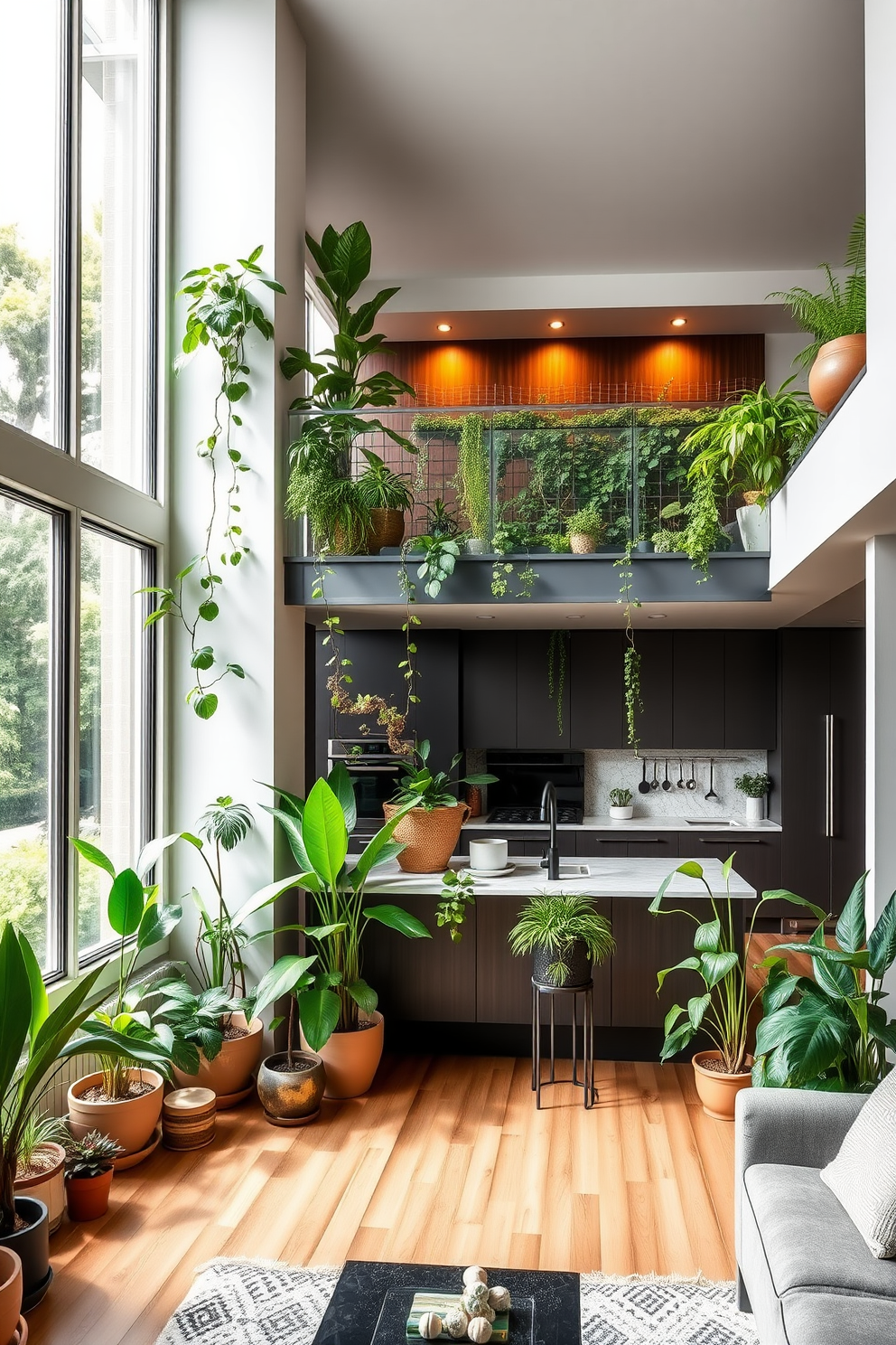 A modern two-story apartment filled with lush indoor plants that enhance the fresh air and create a vibrant atmosphere. The living room features a large window that allows natural light to flood in, with various potted plants positioned strategically around the space. The open-plan kitchen seamlessly connects to the living area, showcasing sleek cabinetry and a spacious island. A vertical garden on one wall adds a unique touch, while a cozy seating area invites relaxation amidst the greenery.